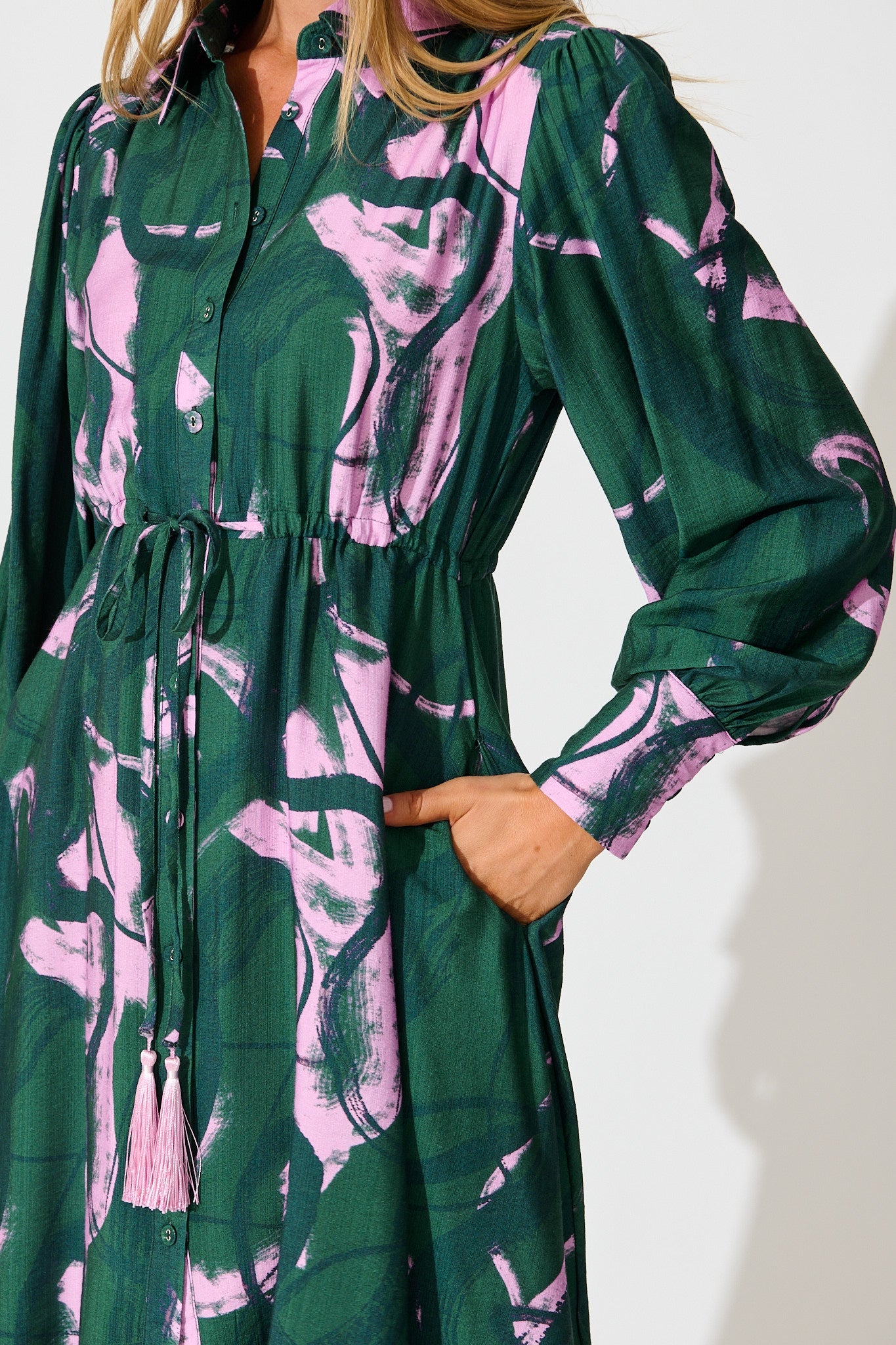 Impulse Midi Shirt Dress in Green Multi Print
