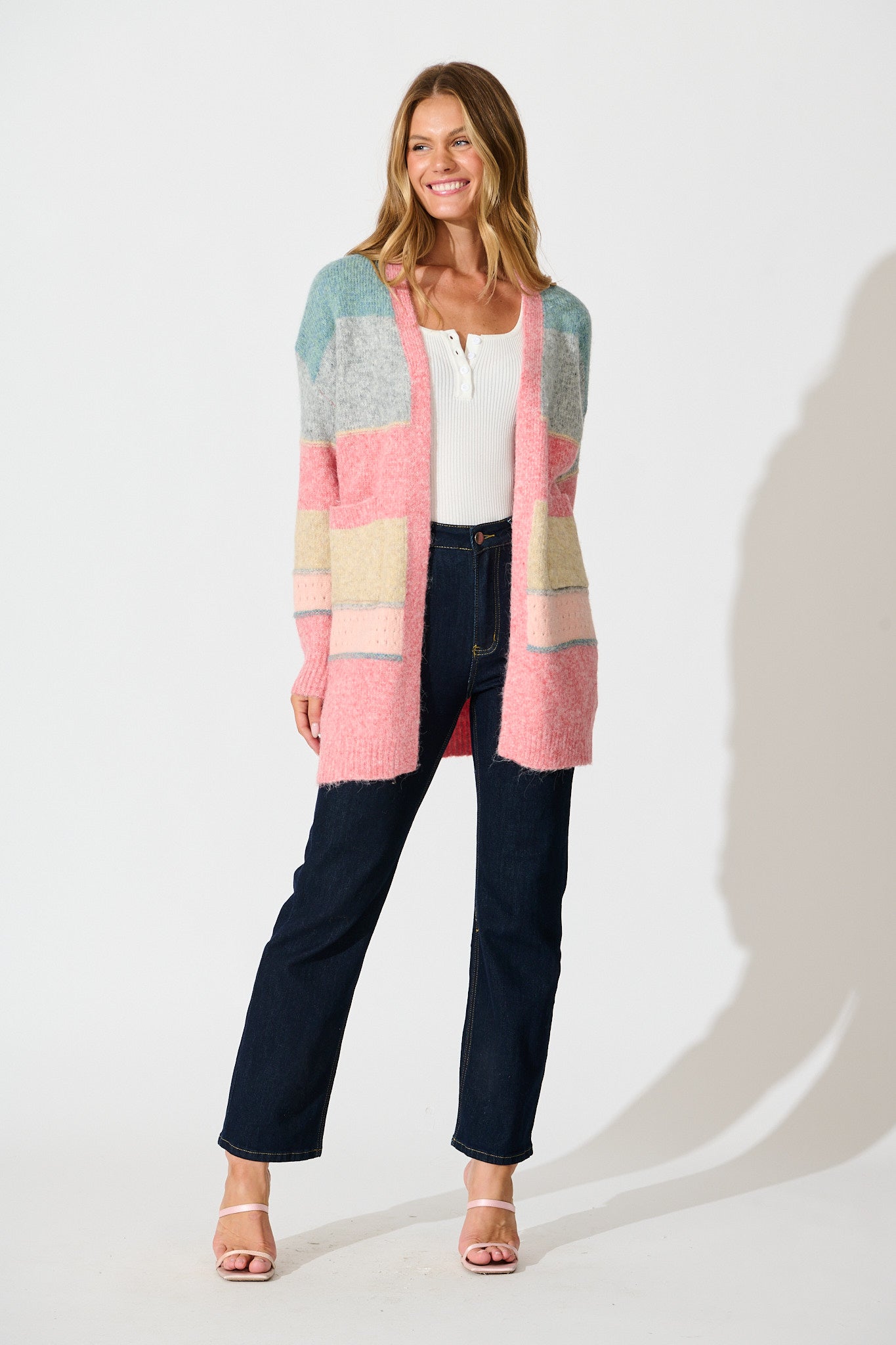 Annabelle Knit Cardigan in Multi Blue and Pink Wool Blend