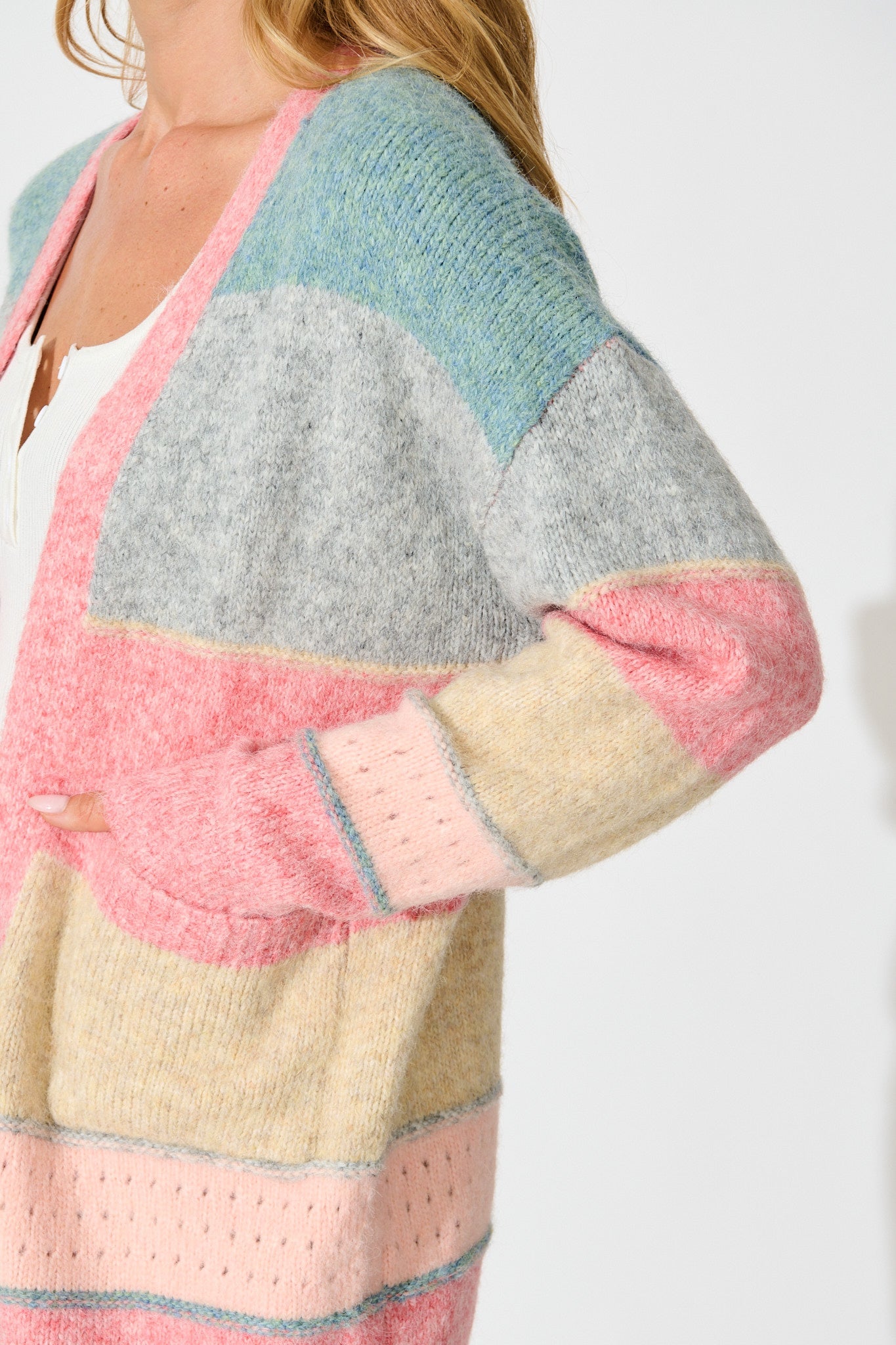 Annabelle Knit Cardigan in Multi Blue and Pink Wool Blend