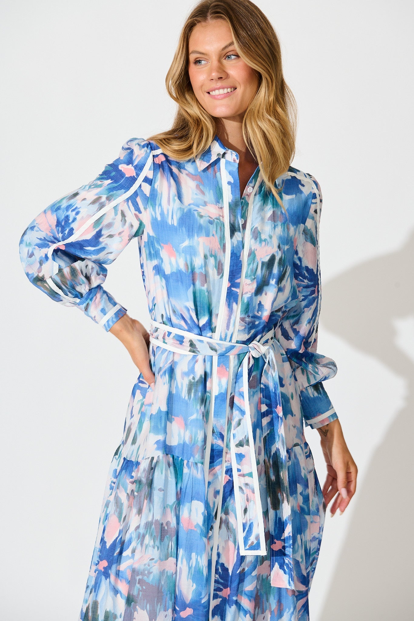 Laguna Maxi Shirt Dress in Blue Multi with White Trim