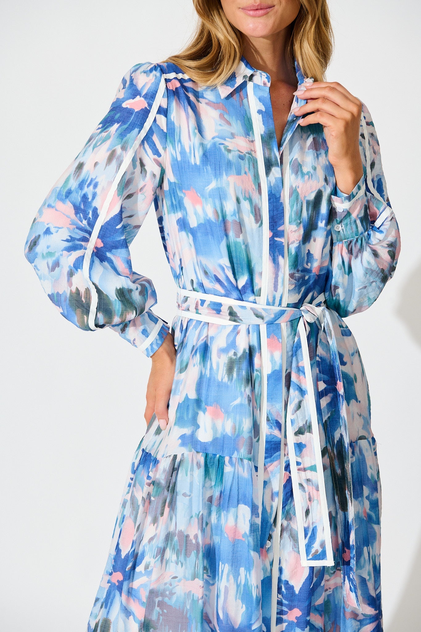 Laguna Maxi Shirt Dress in Blue Multi with White Trim