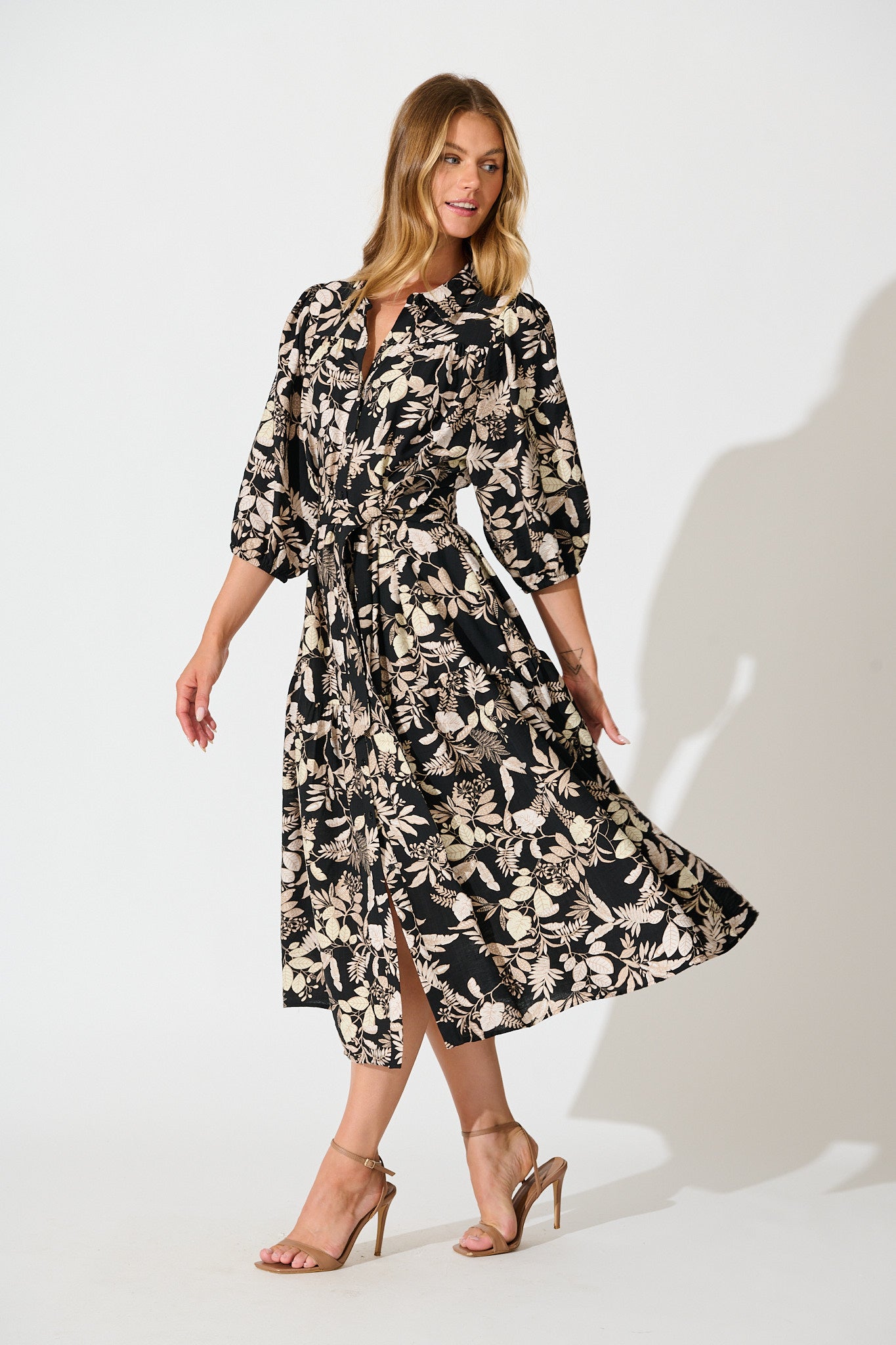 Martina Midi Shirt Dress in Black with Beige Leaf Print