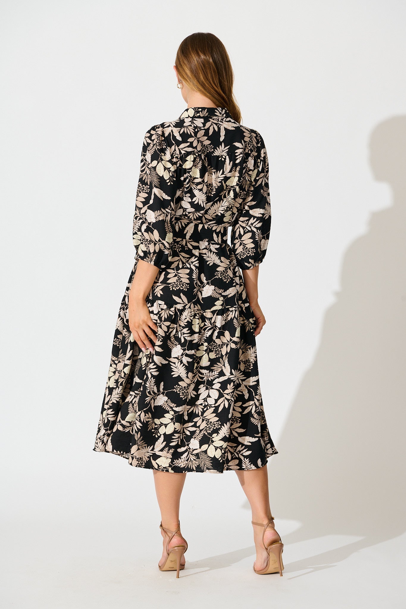 Martina Midi Shirt Dress in Black with Beige Leaf Print