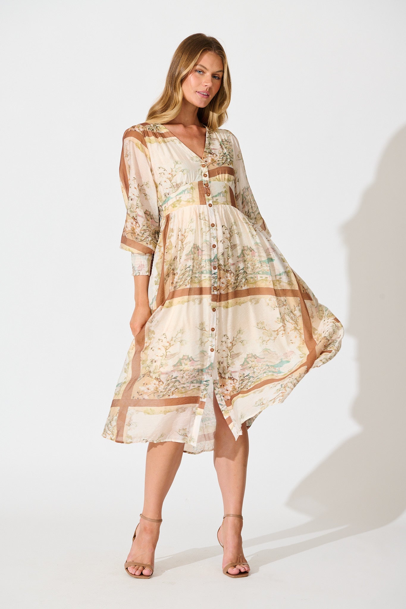 Liaison Midi Dress in Multi Beige Patchwork Print