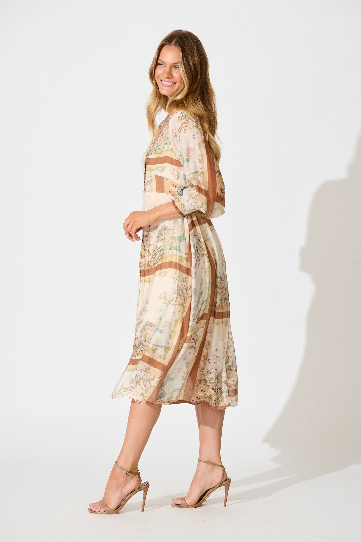 Liaison Midi Dress in Multi Beige Patchwork Print