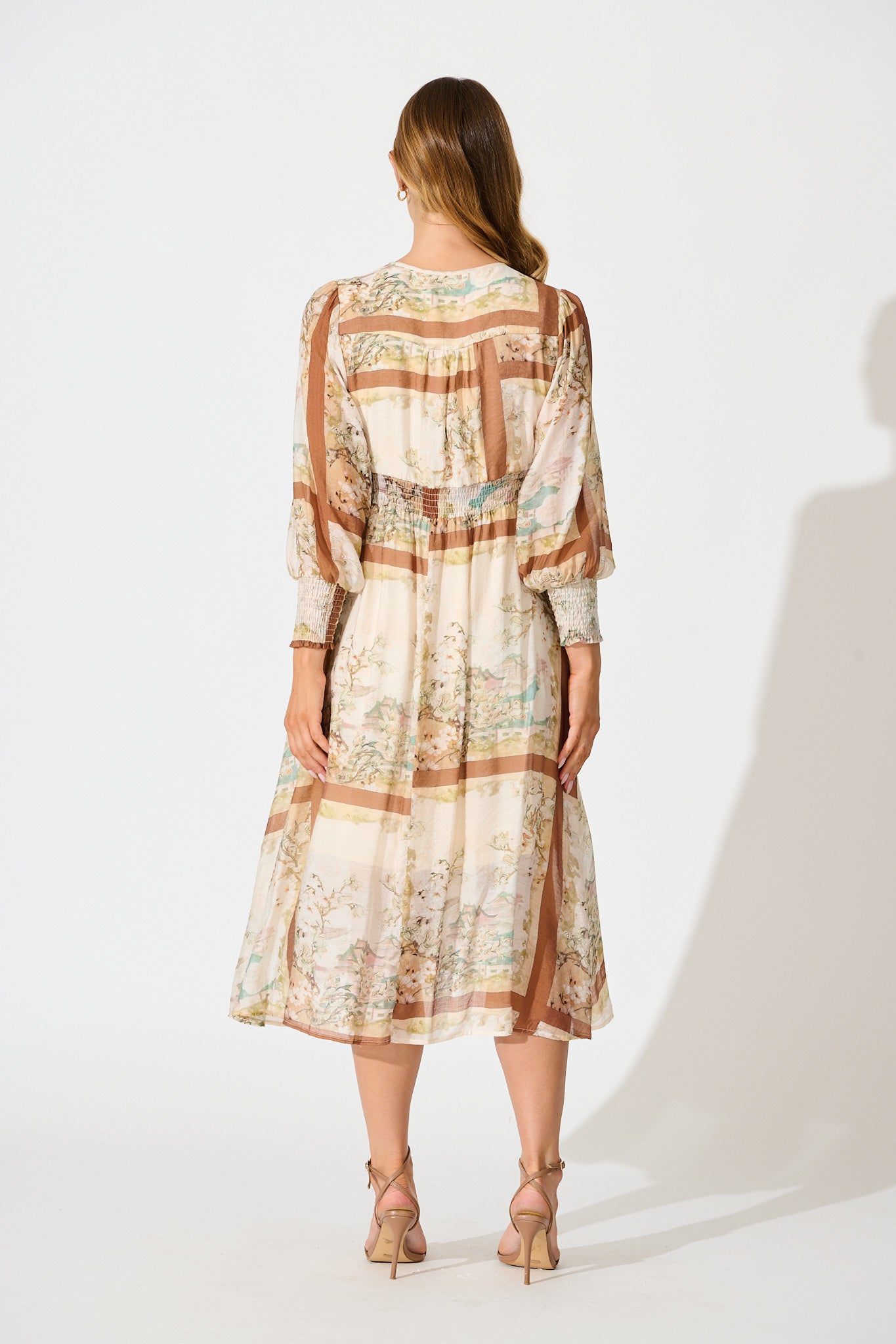 Liaison Midi Dress in Multi Beige Patchwork Print