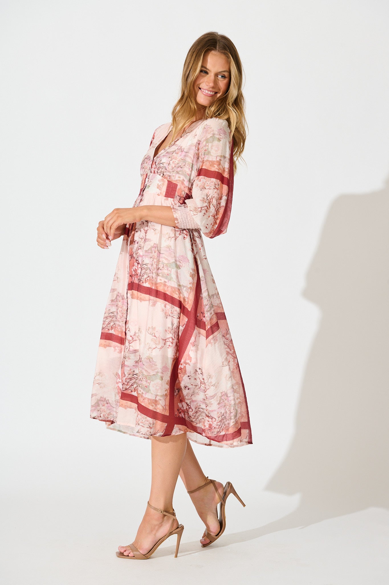 Liaison Midi Dress in Multi Blush Patchwork Print