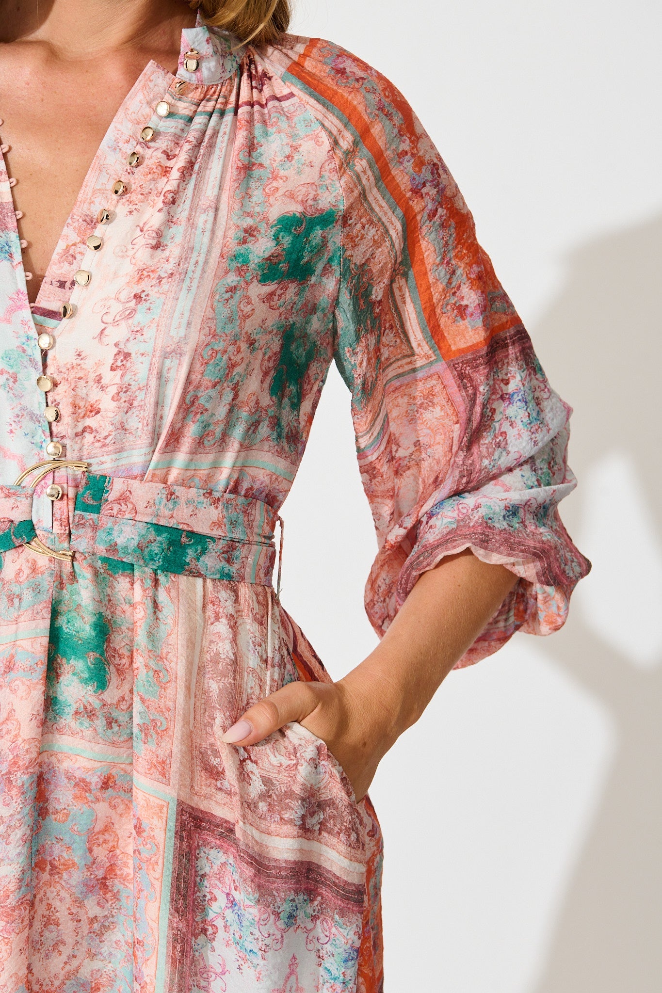 Sardina Midi Dress in Blush and Multi Patchwork Print