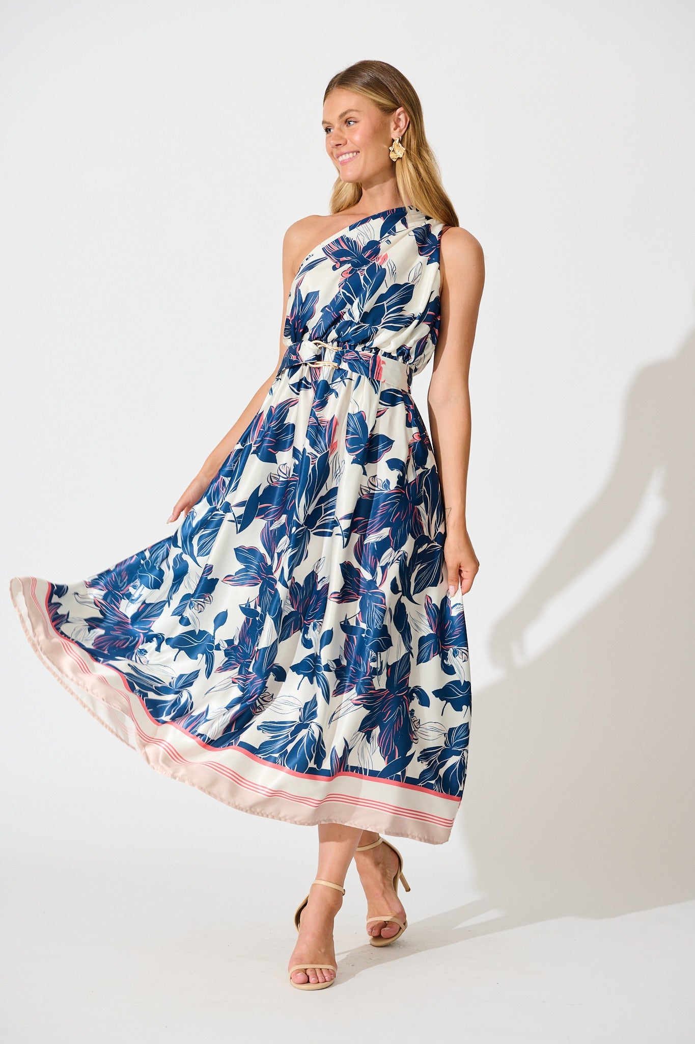 Bernadette One Shoulder Midi Dress In Navy Floral Satin