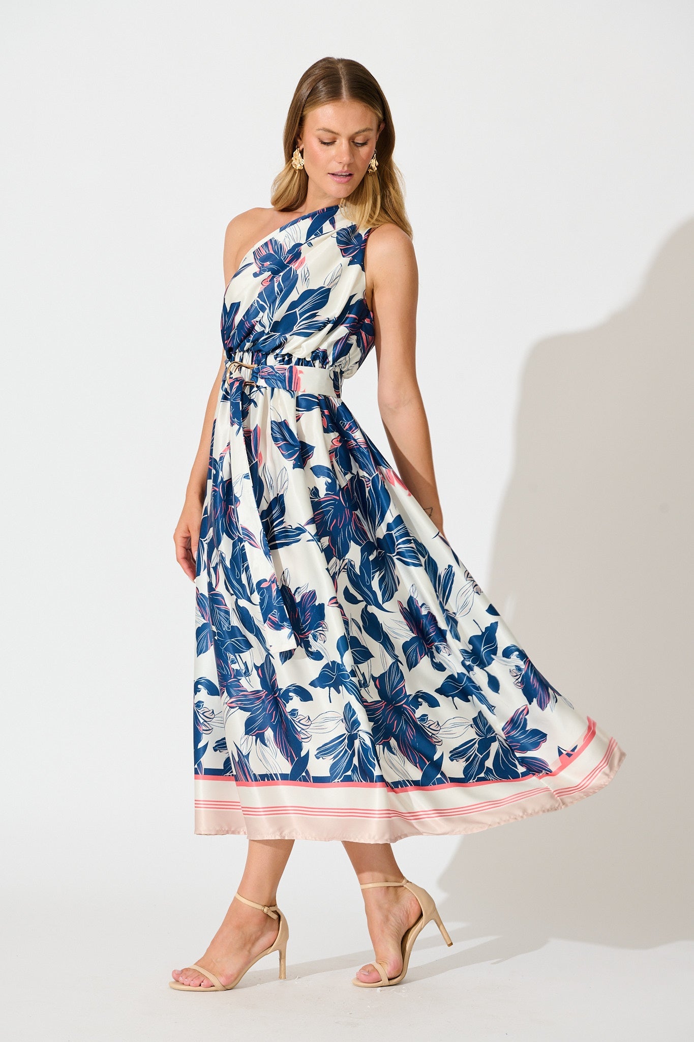 Bernadette One Shoulder Midi Dress In Navy Floral Satin