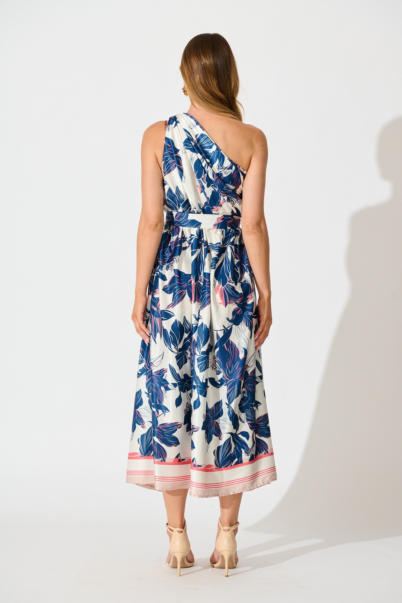 Bernadette One Shoulder Midi Dress In Navy Floral Satin