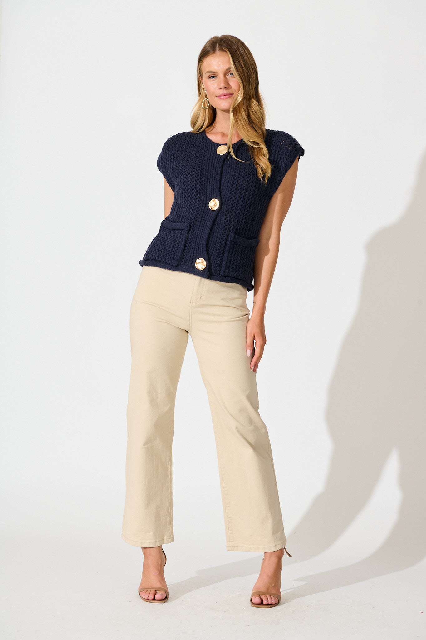 Samarah Knit Vest Top in Navy with Gold Buttons Wool Blend