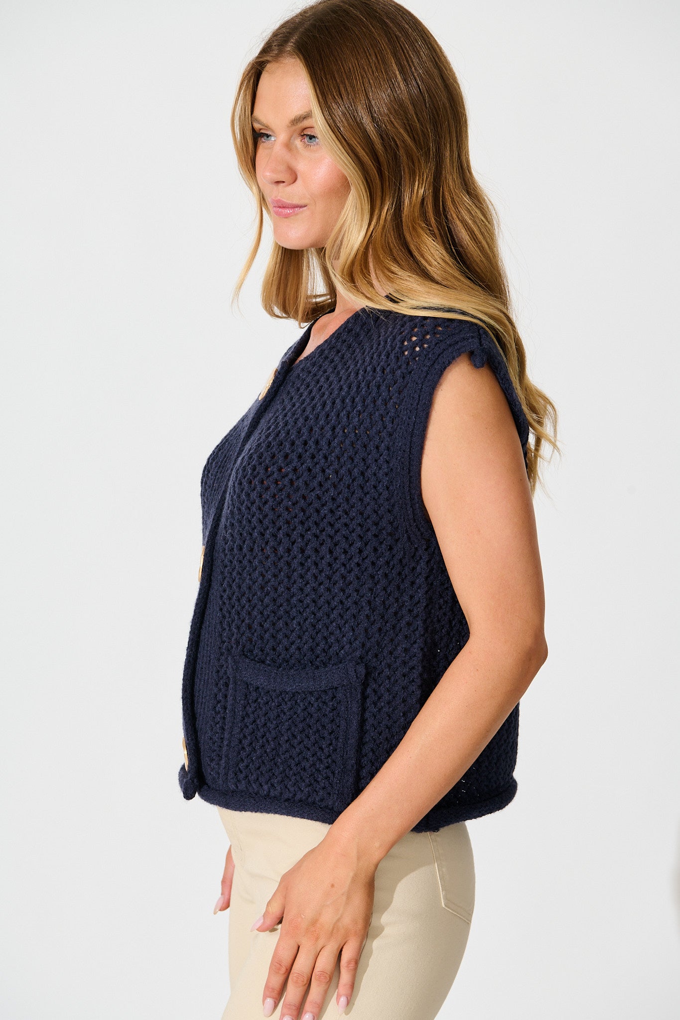 Samarah Knit Vest Top in Navy with Gold Buttons Wool Blend