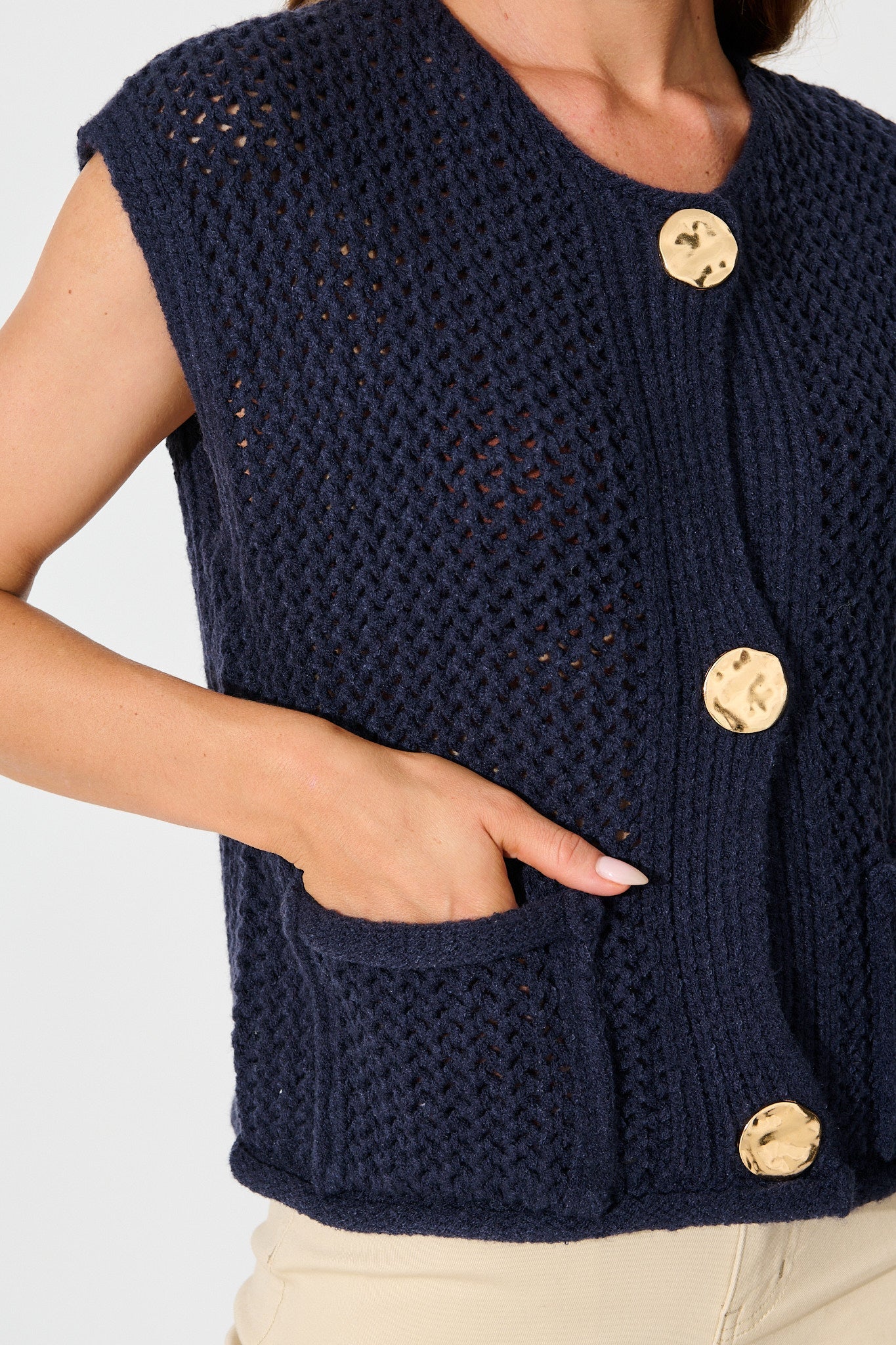 Samarah Knit Vest Top in Navy with Gold Buttons Wool Blend
