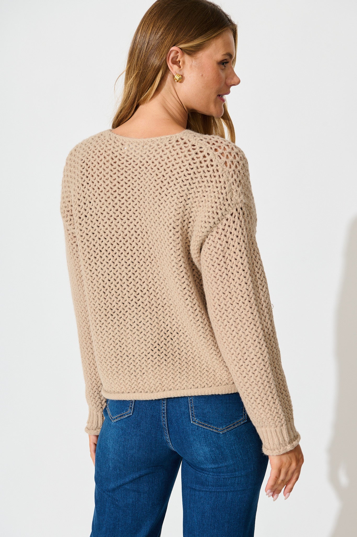 Tala Knit Cardigan in Beige with Gold Buttons Wool Blend