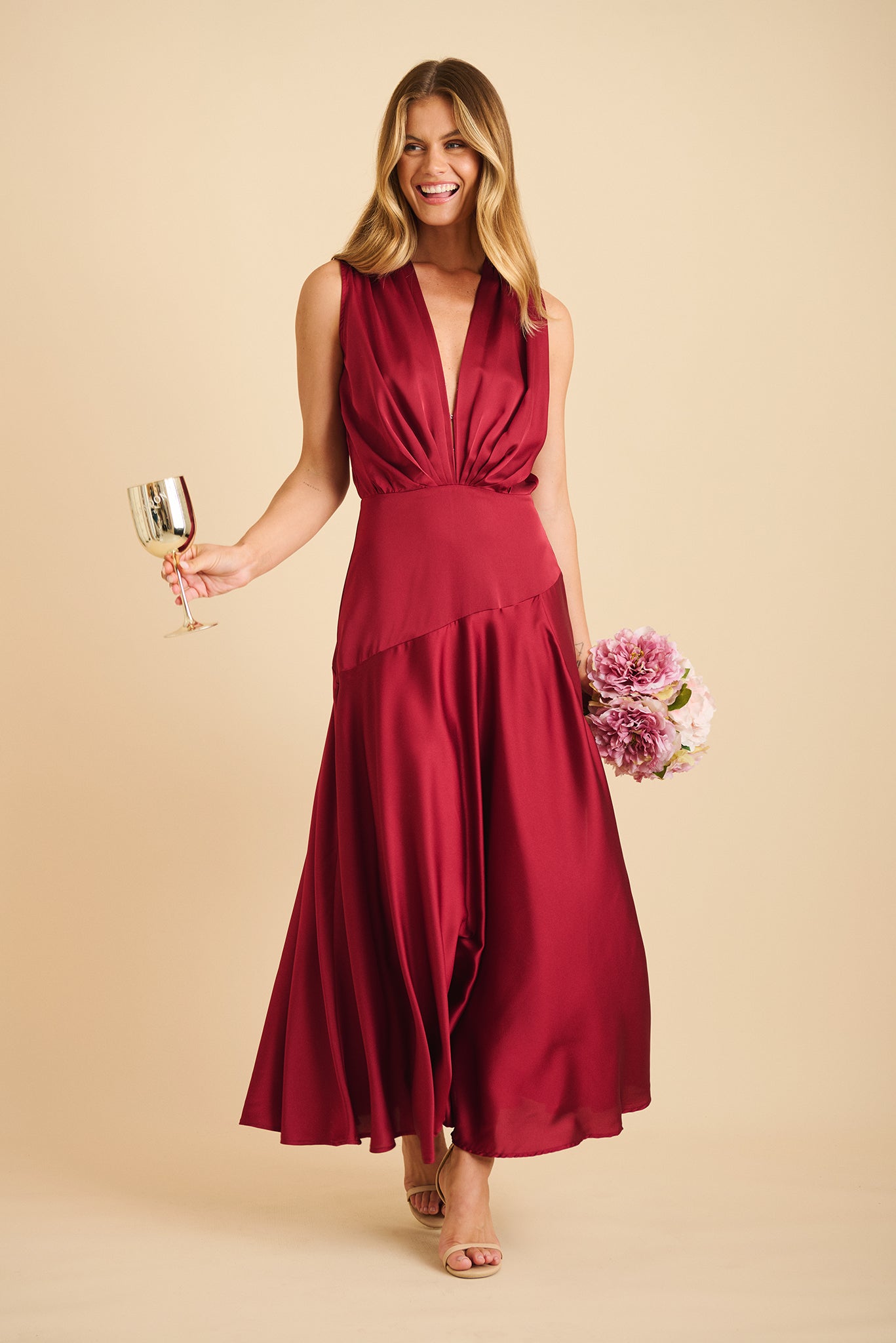 Jenibelle Maxi Dress in Wine Satin