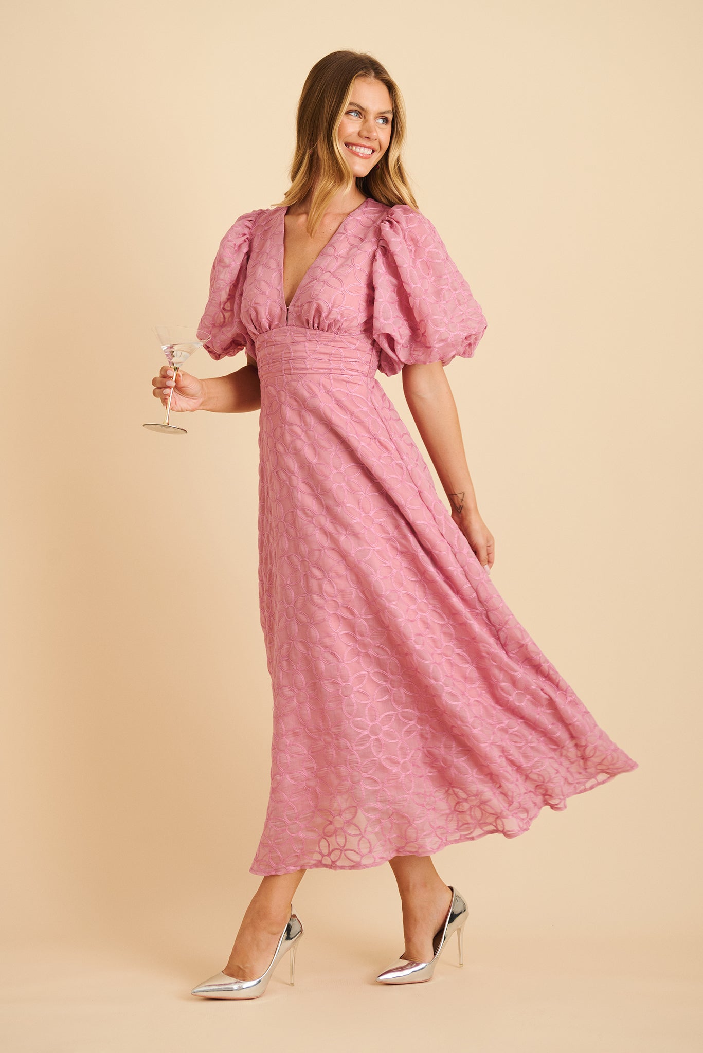 Countess Maxi Dress in Pink Embroidered Organza
