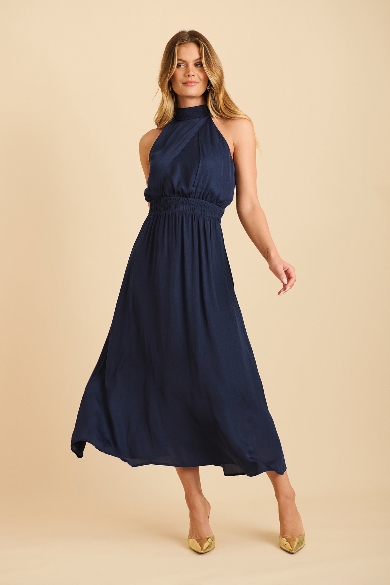 Costa Rica Halter Neck Maxi Dress in Navy Satin