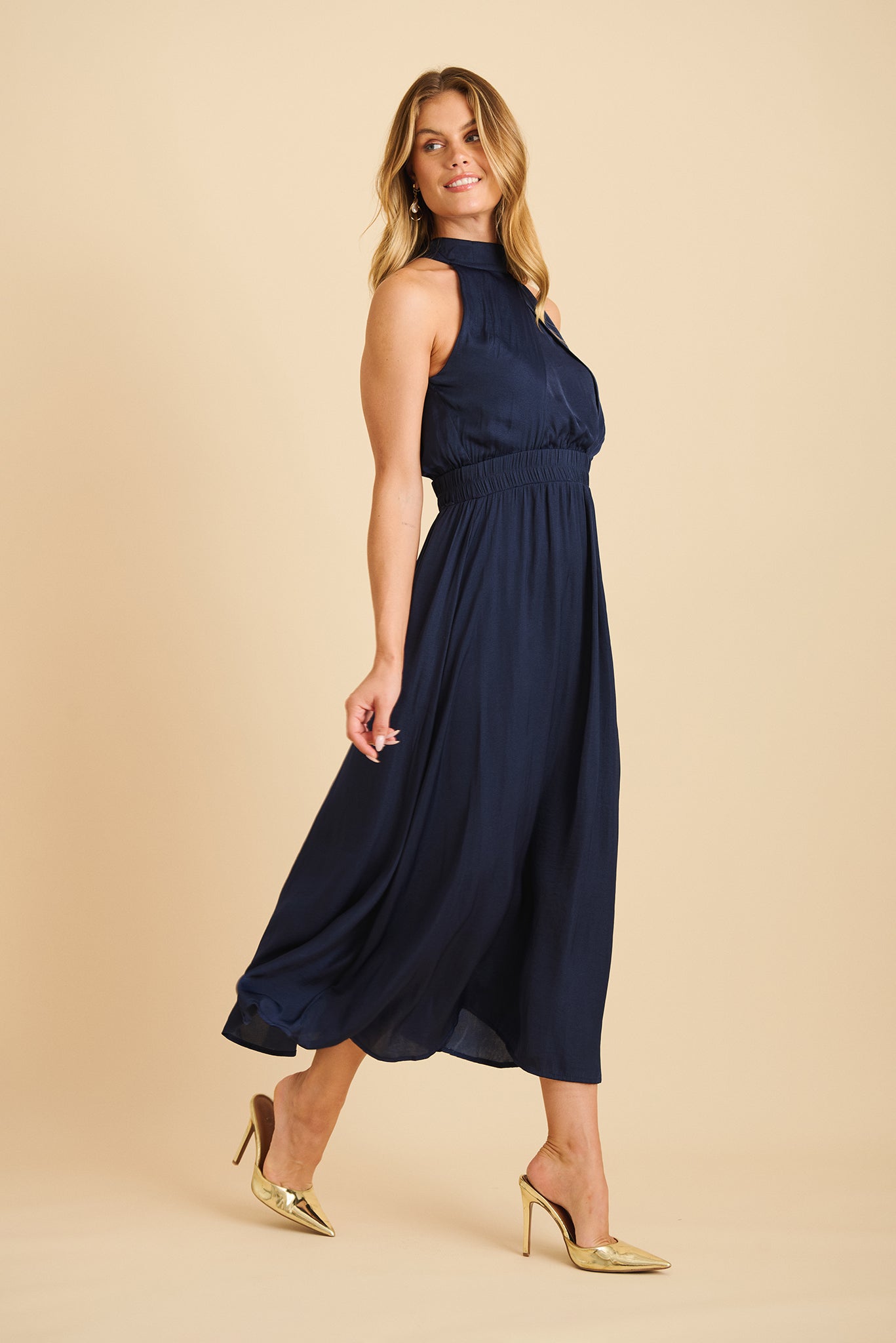 Costa Rica Halter Neck Maxi Dress in Navy Satin