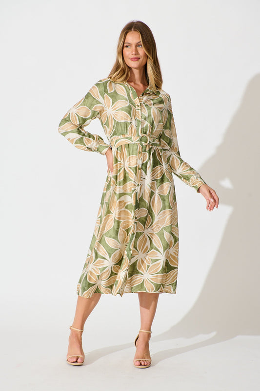 Brunswick Midi Shirt Dress in Green with Beige Leaf