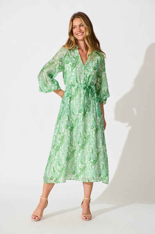 Ayden Dress in Green with Multi Print
