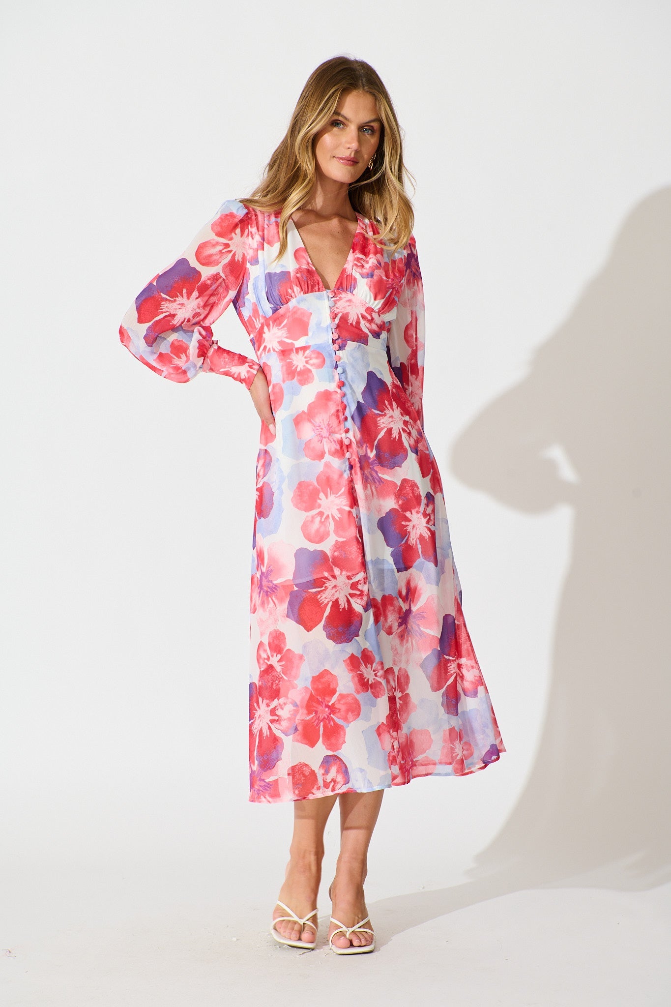 Essence Midi Dress in Red with Purple Floral