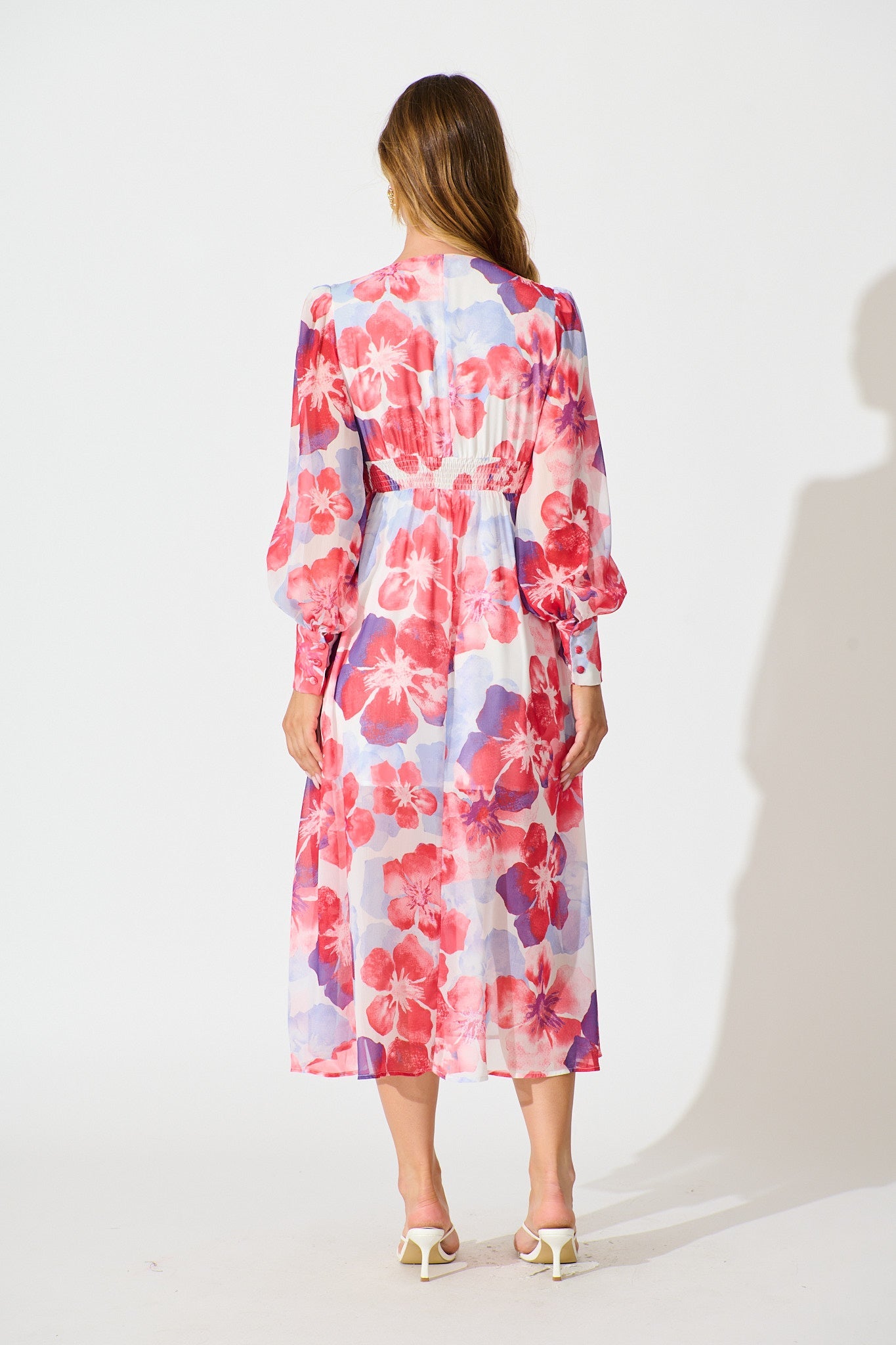 Essence Midi Dress in Red with Purple Floral