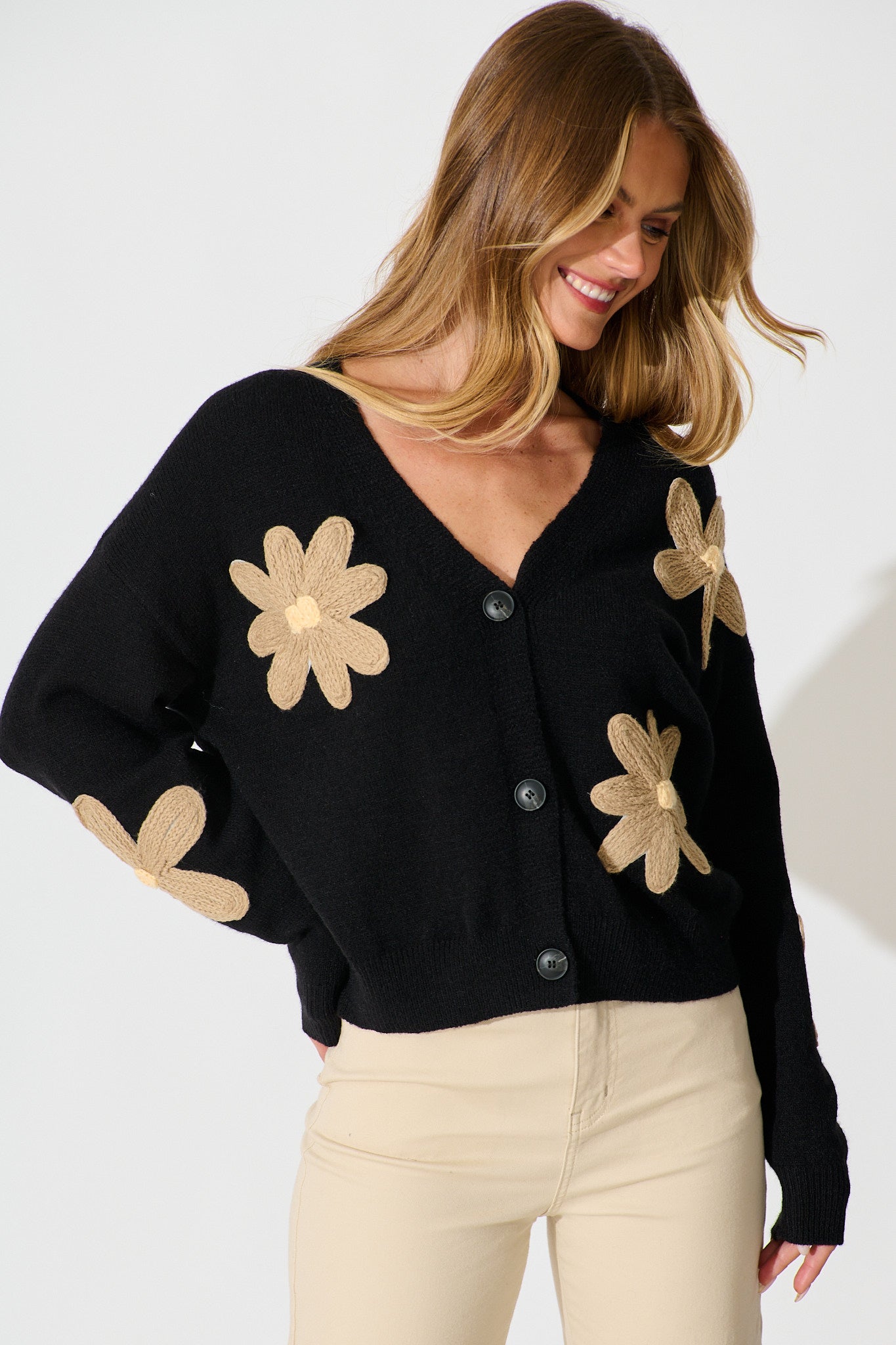 Rosalie Knit Cardigan in Black with Beige Flowers