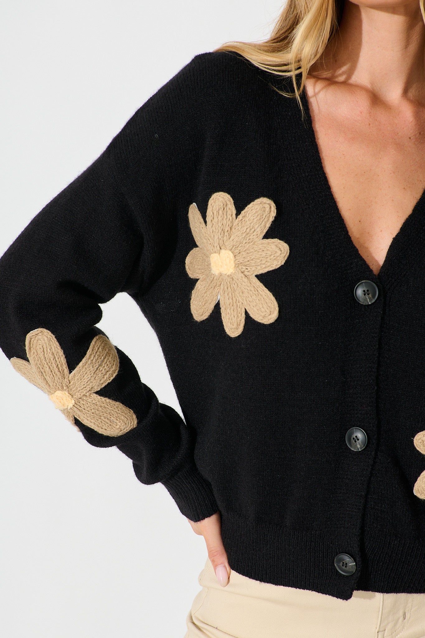 Rosalie Knit Cardigan in Black with Beige Flowers