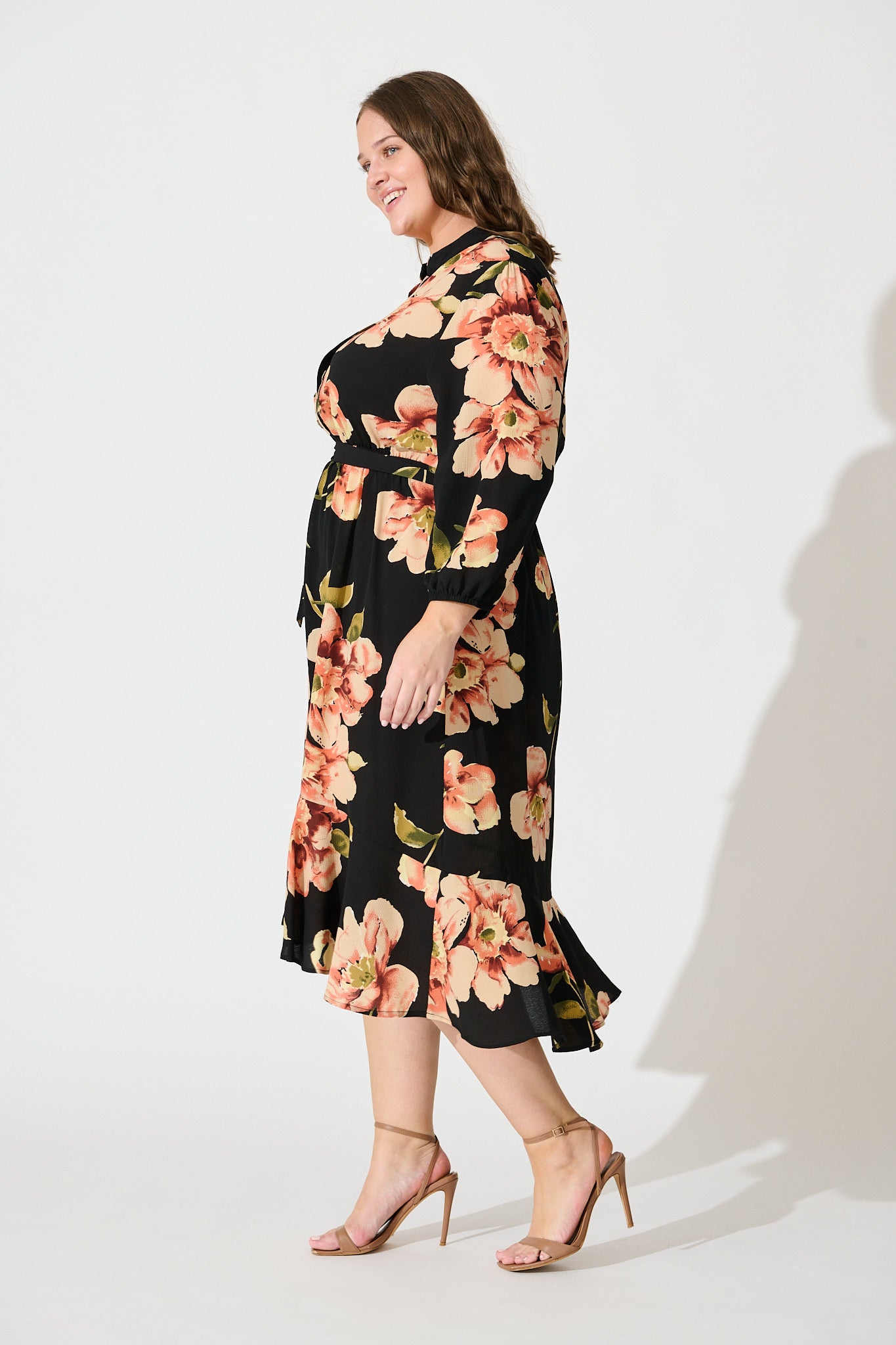 Jemimah Midi Dress In Black with Blush Floral