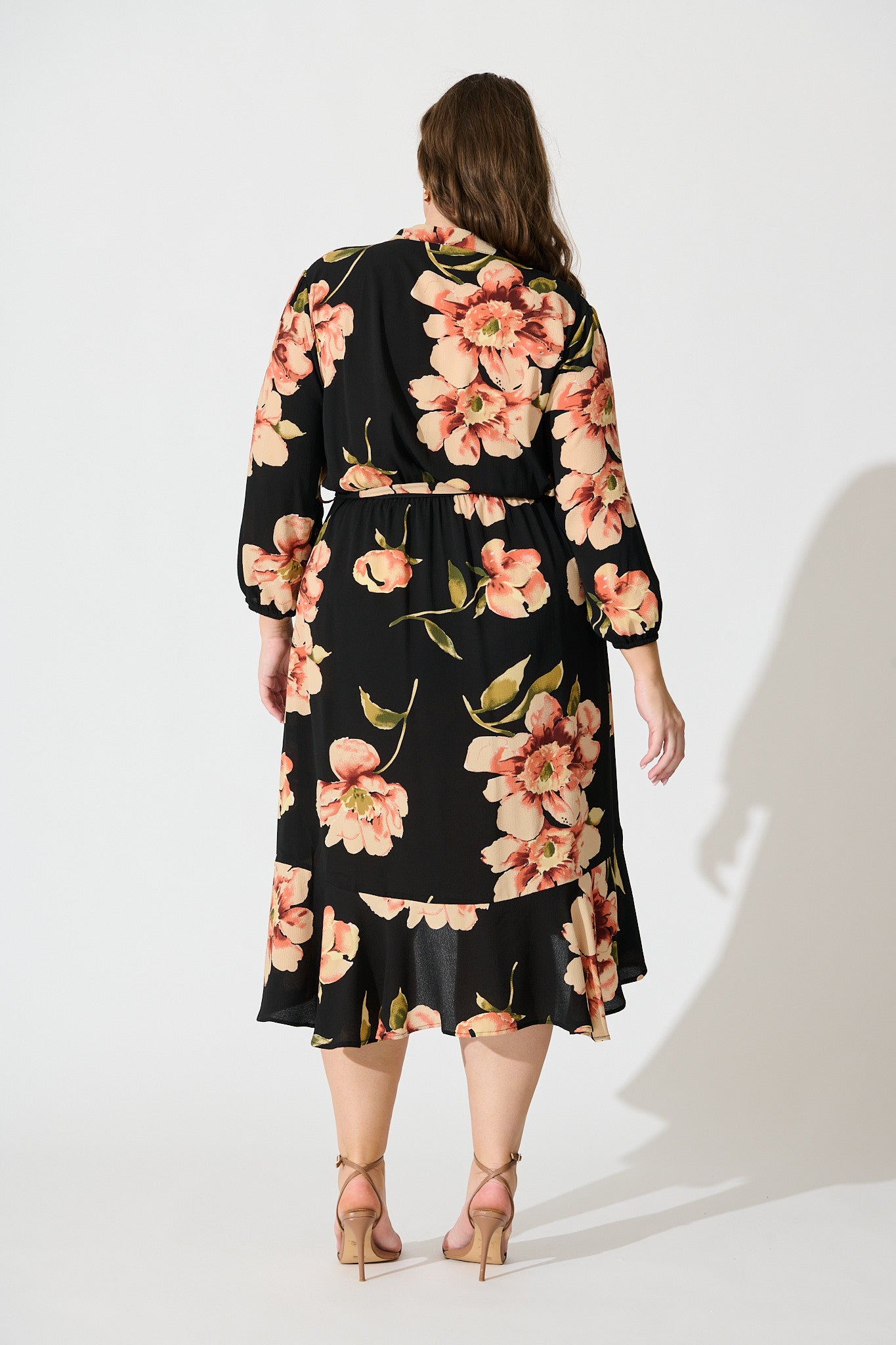 Jemimah Midi Dress In Black with Blush Floral