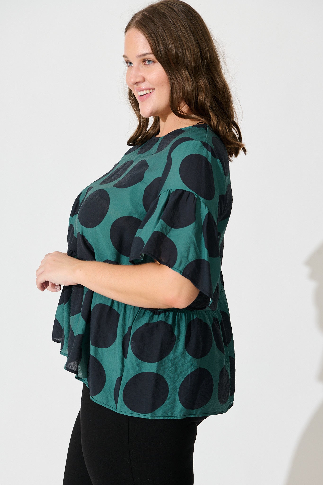 Girona Top In Emerald with Black Spot Cotton Blend