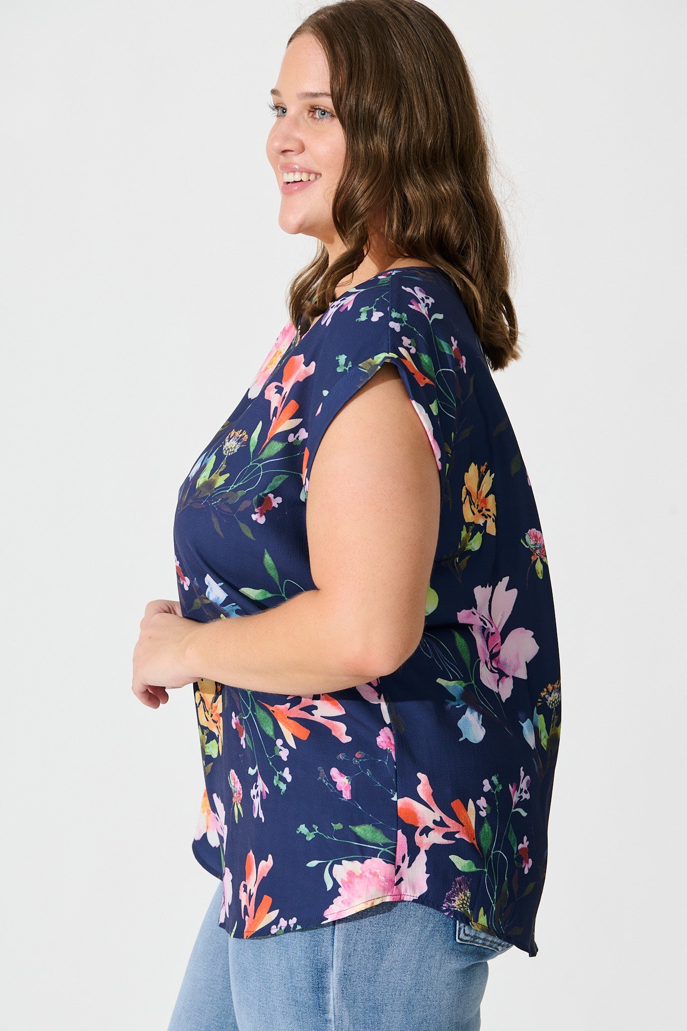 Rejina Top In Navy With Multi Floral Print