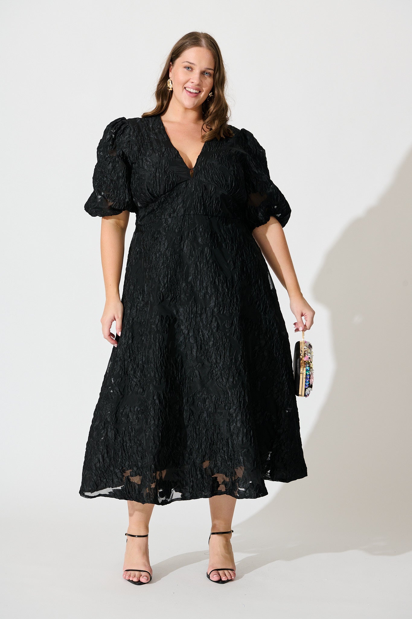 Opulence Midi Dress In Black Floral Organza Jacquard