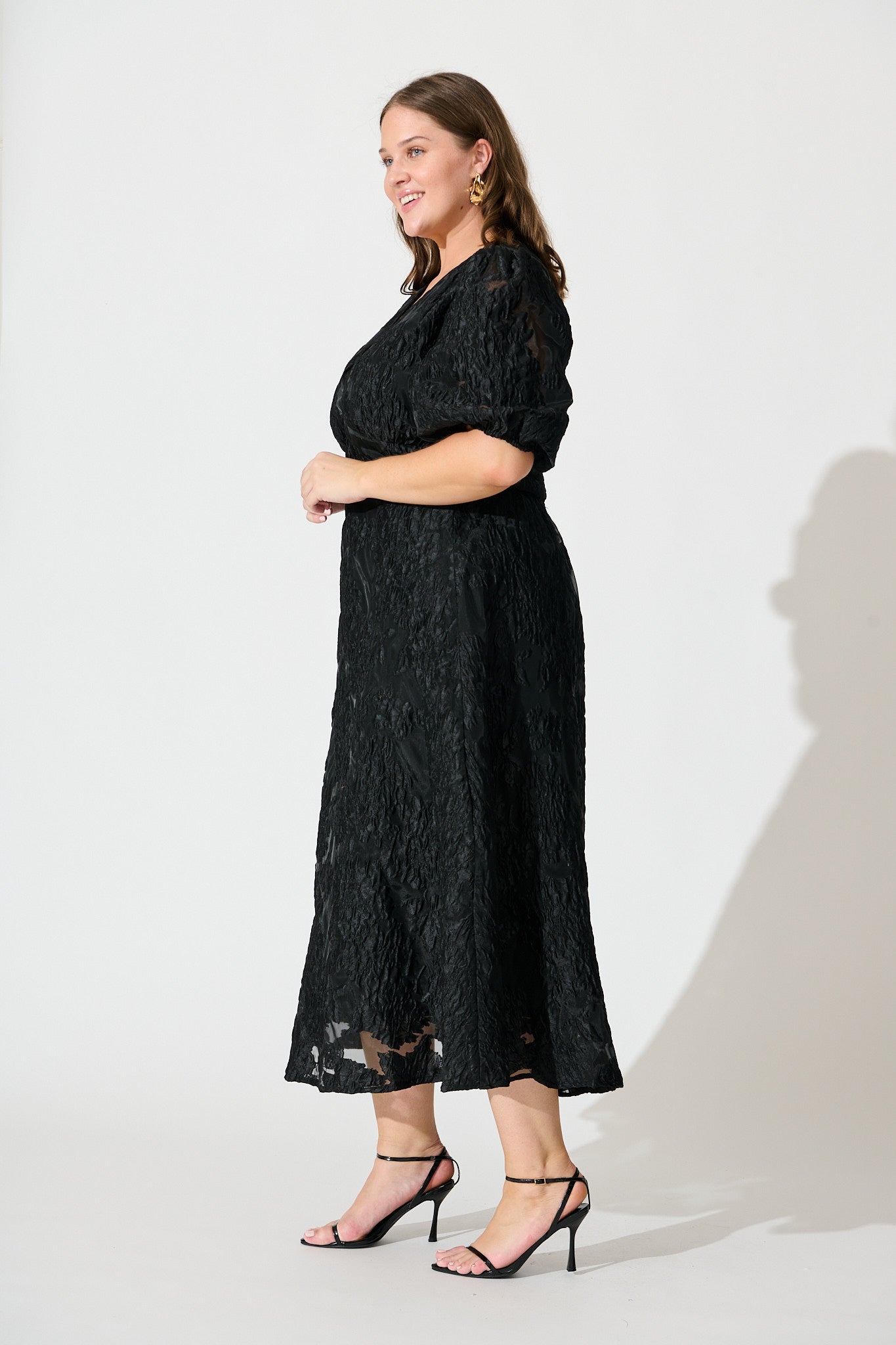 Opulence Midi Dress In Black Floral Organza Jacquard