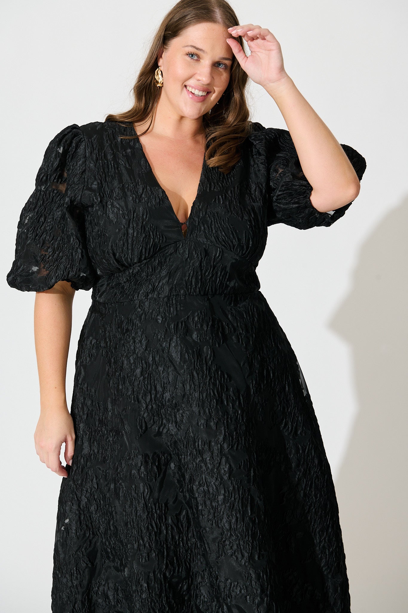 Opulence Midi Dress In Black Floral Organza Jacquard