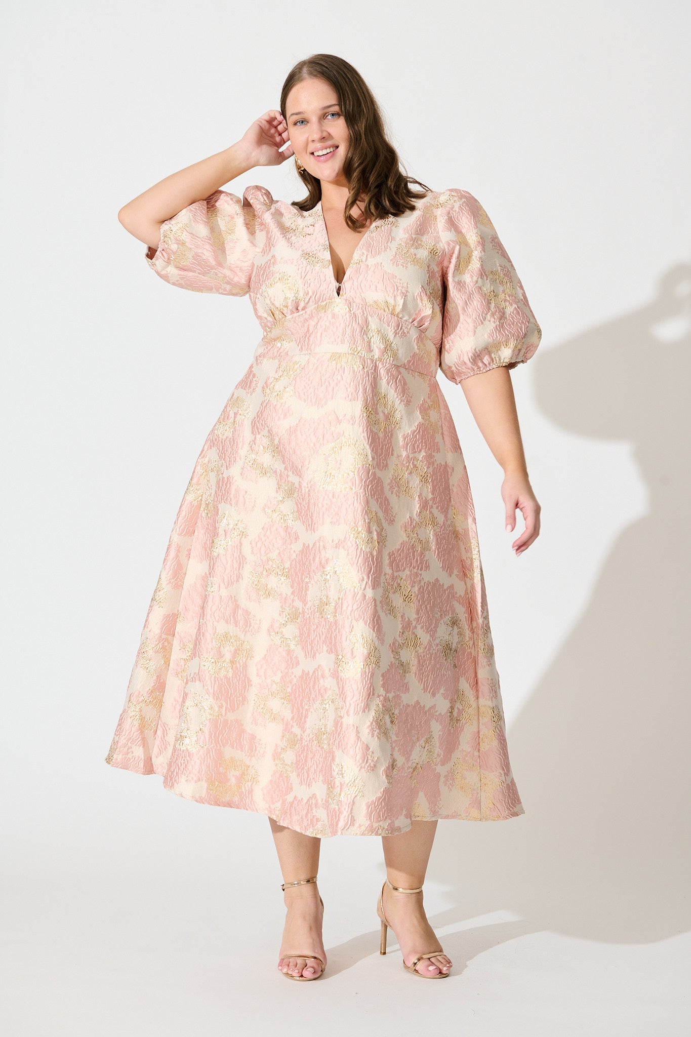 Opulence Midi Dress in Blush with Gold Jacquard