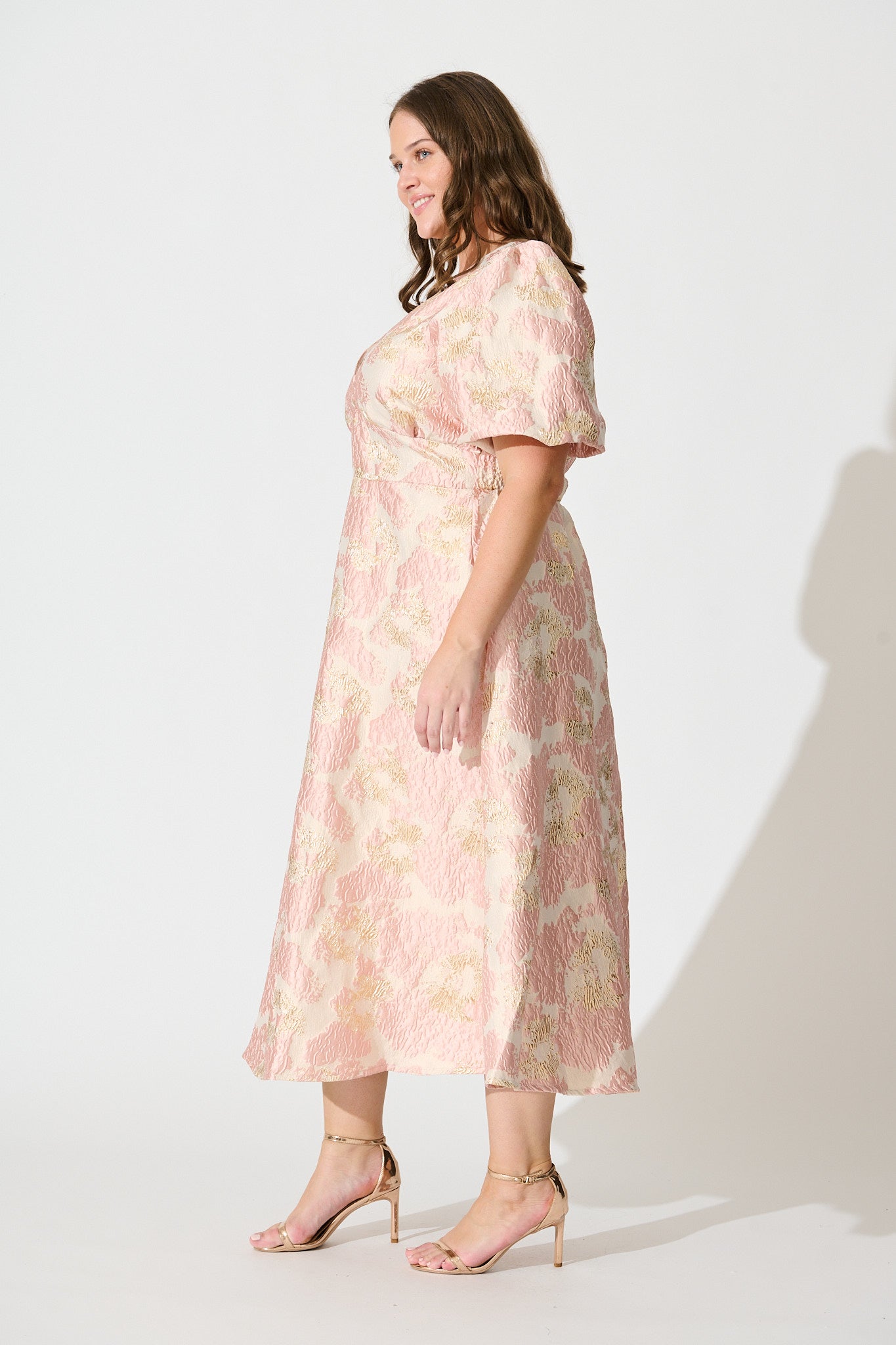 Opulence Midi Dress in Blush with Gold Jacquard