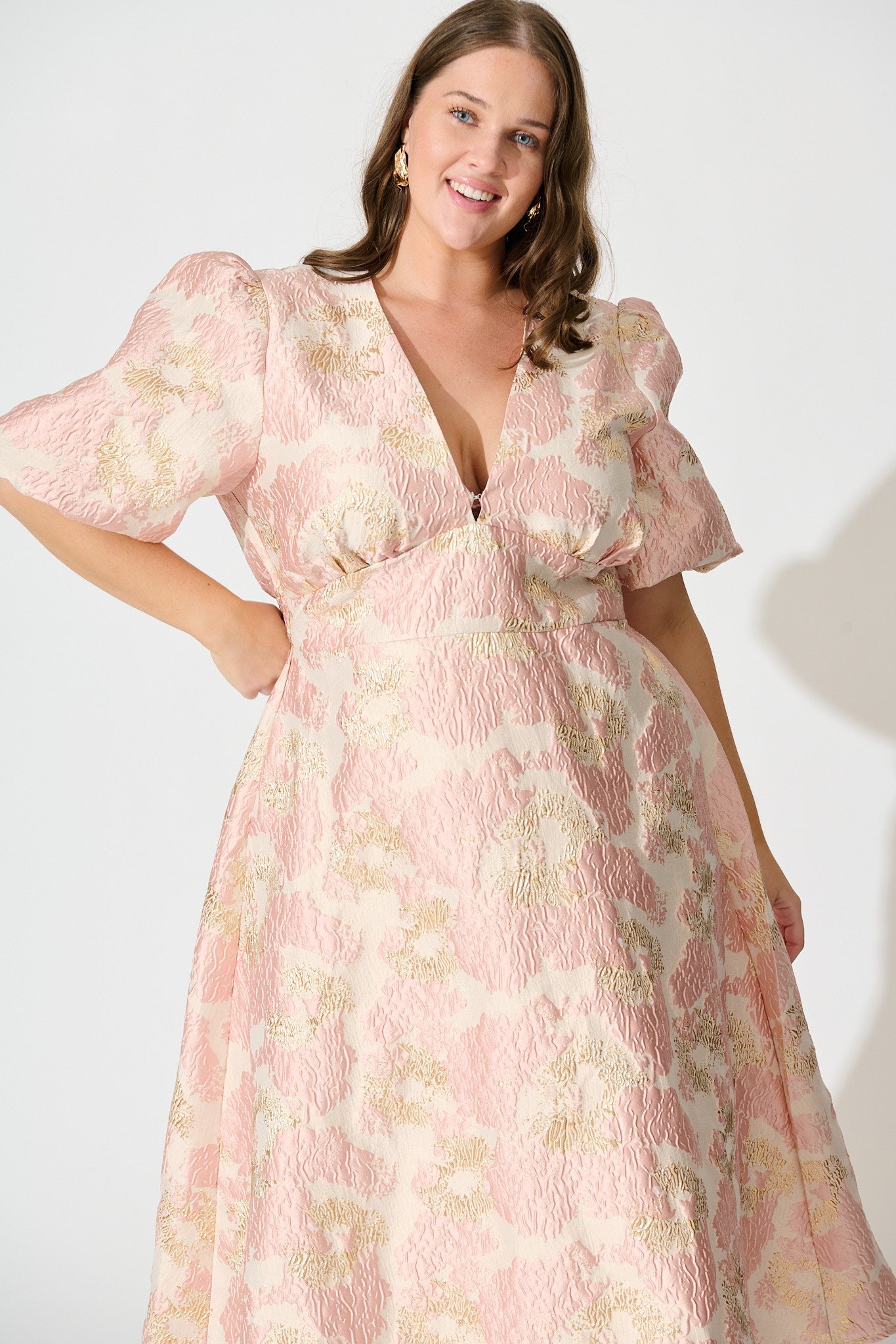 Opulence Midi Dress in Blush with Gold Jacquard