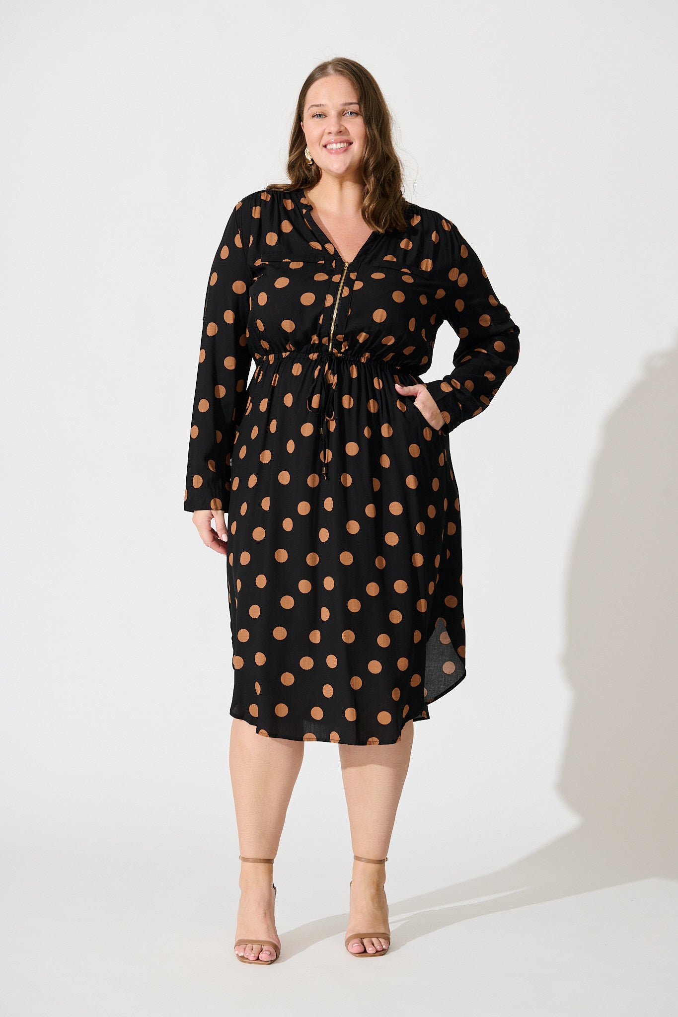 Rival Zip Dress in Black with Brown Spot