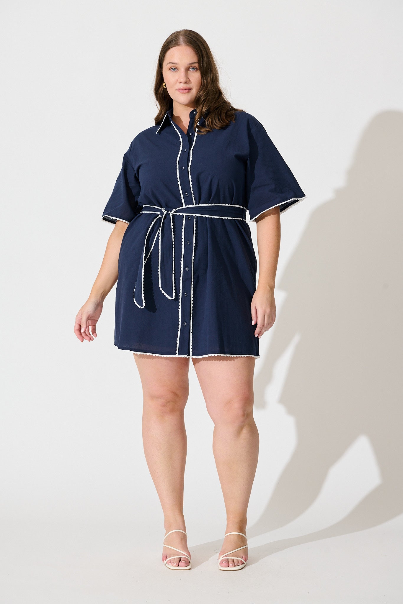 Miela Shirt Dress in Navy with White Contrast Trim Cotton
