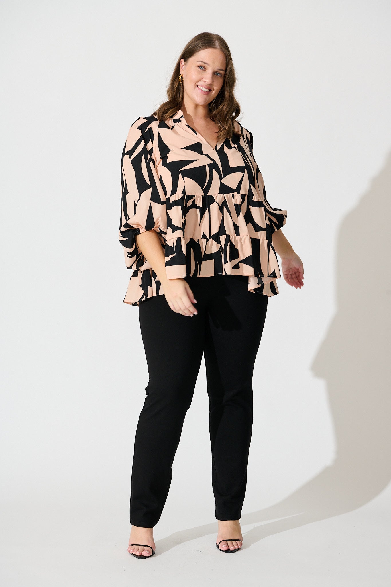 Talena Top in Black and Beige Geometric Print