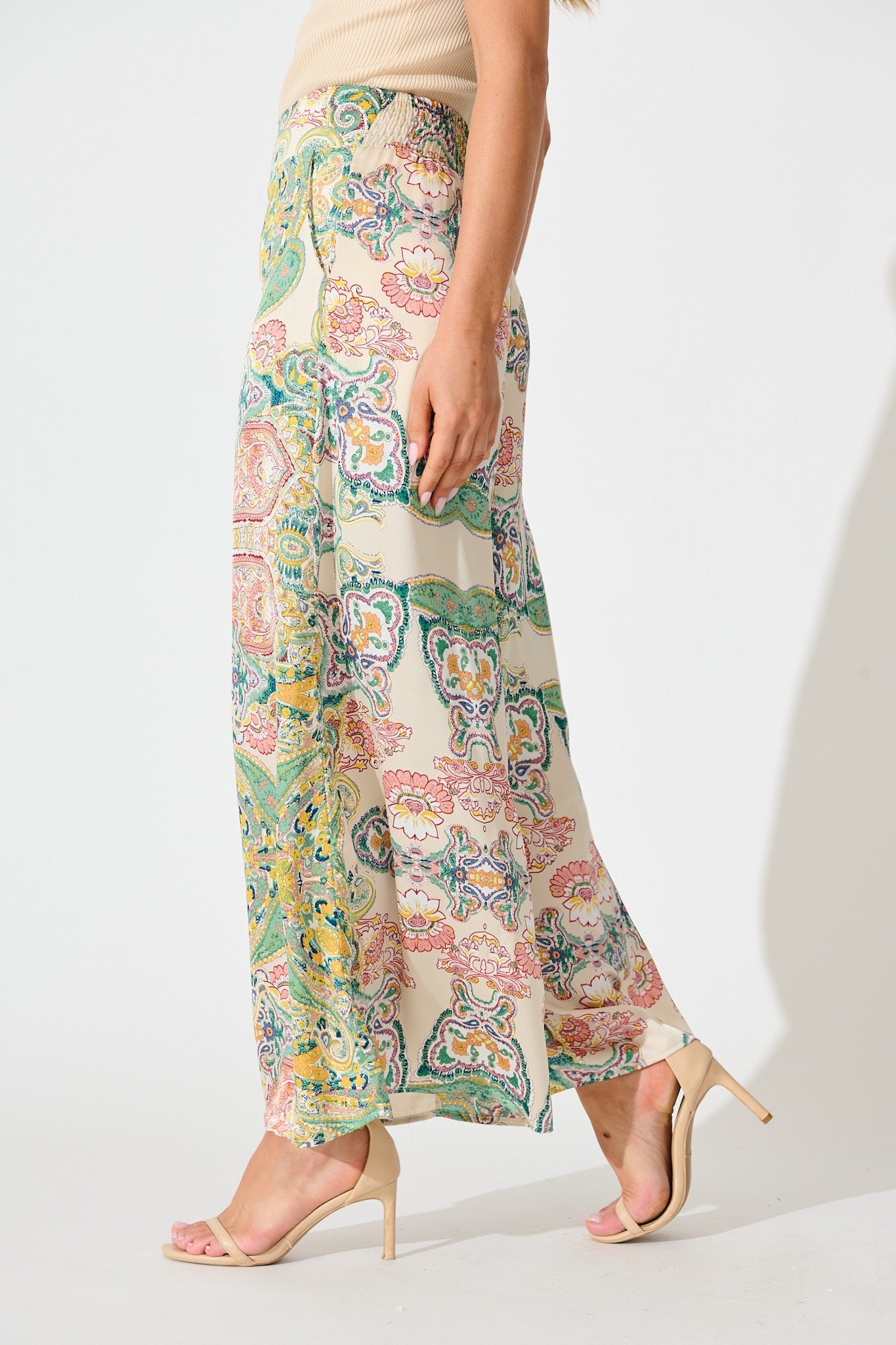 Festive Pant in Cream with Multi Print