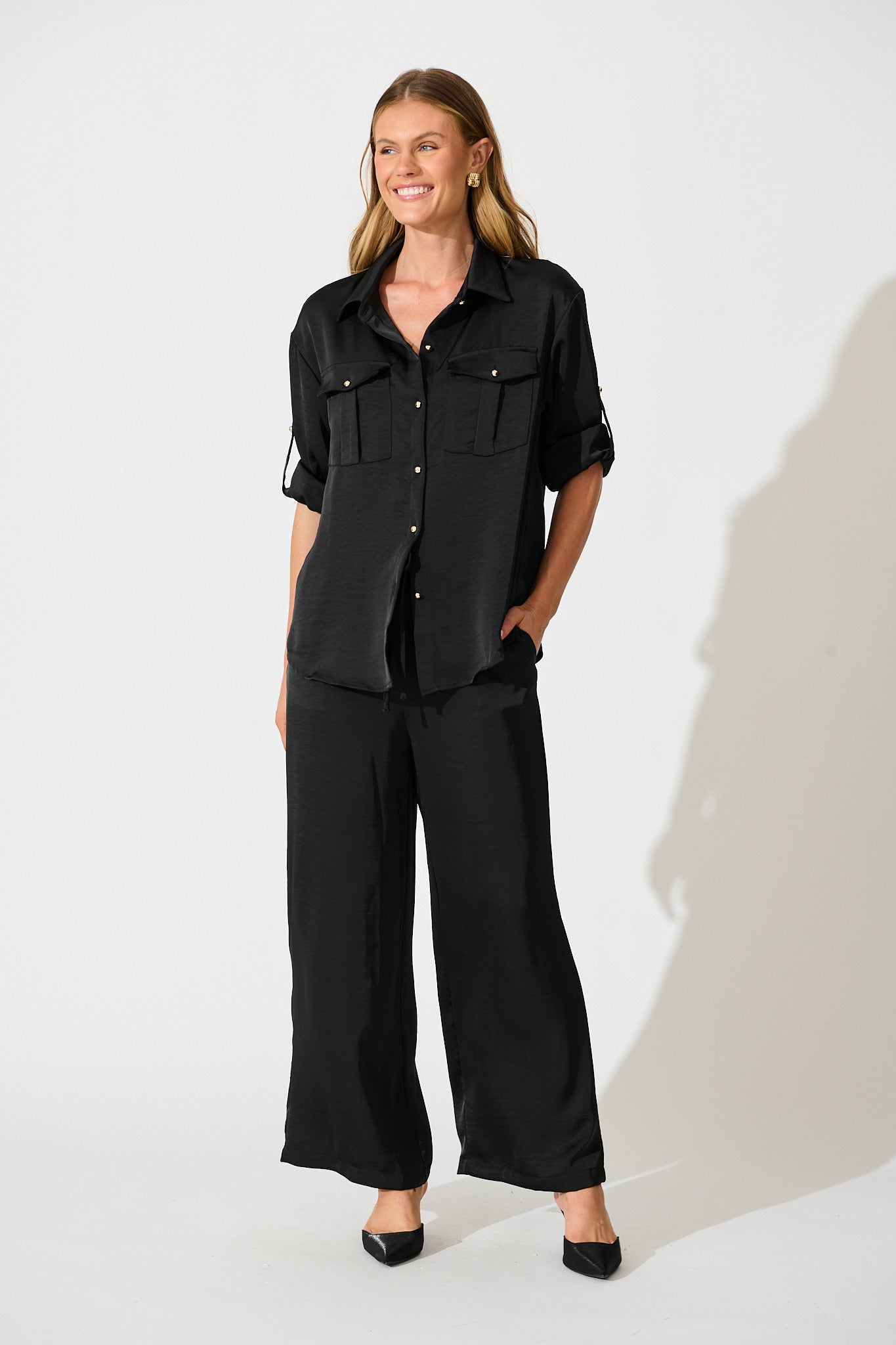 Gracie Shirt in Black Satin