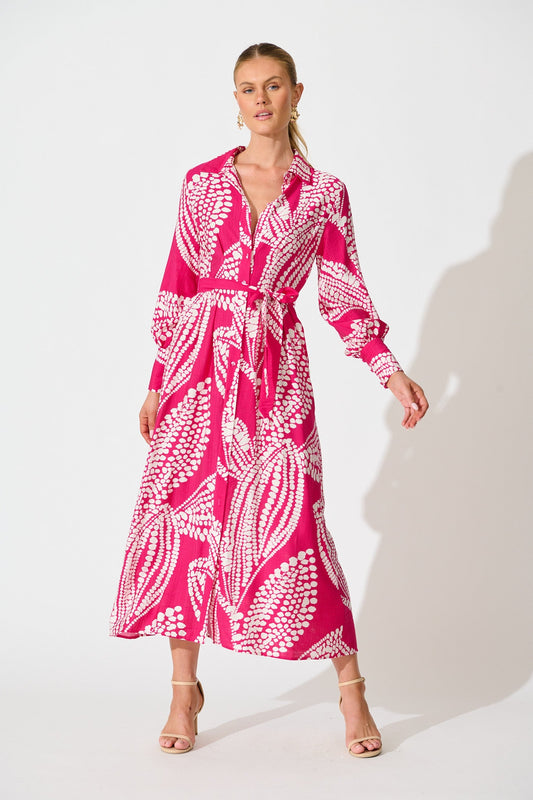 Clara Maxi Shirt Dress in Magenta with White Print