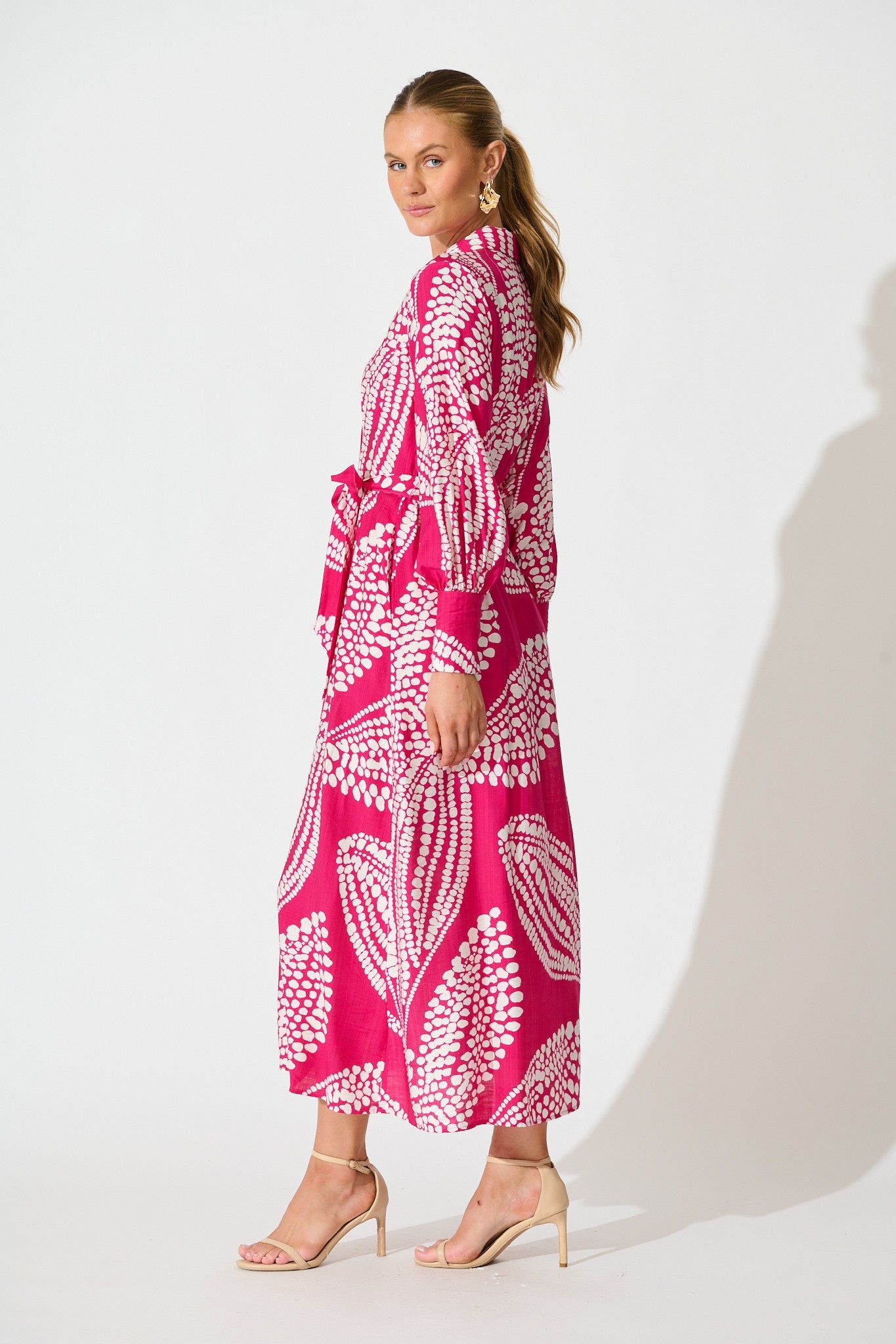Clara Maxi Shirt Dress in Magenta with White Print