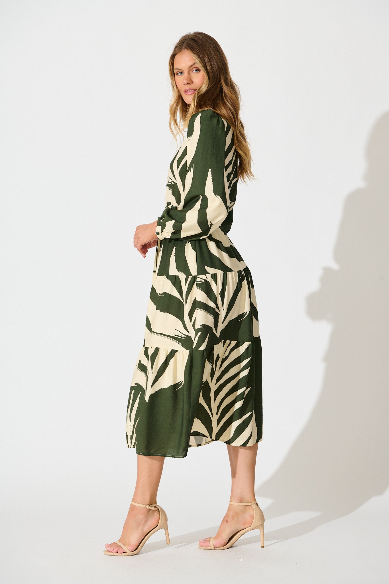 Maribelle Dress in Green with Cream Leaf Print