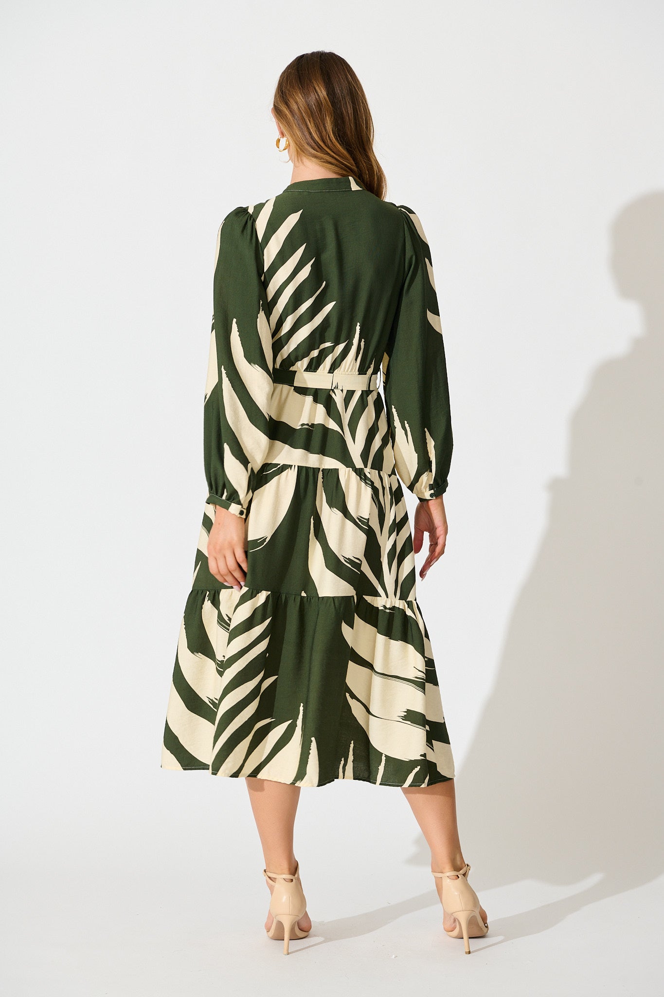 Maribelle Dress in Green with Cream Leaf Print