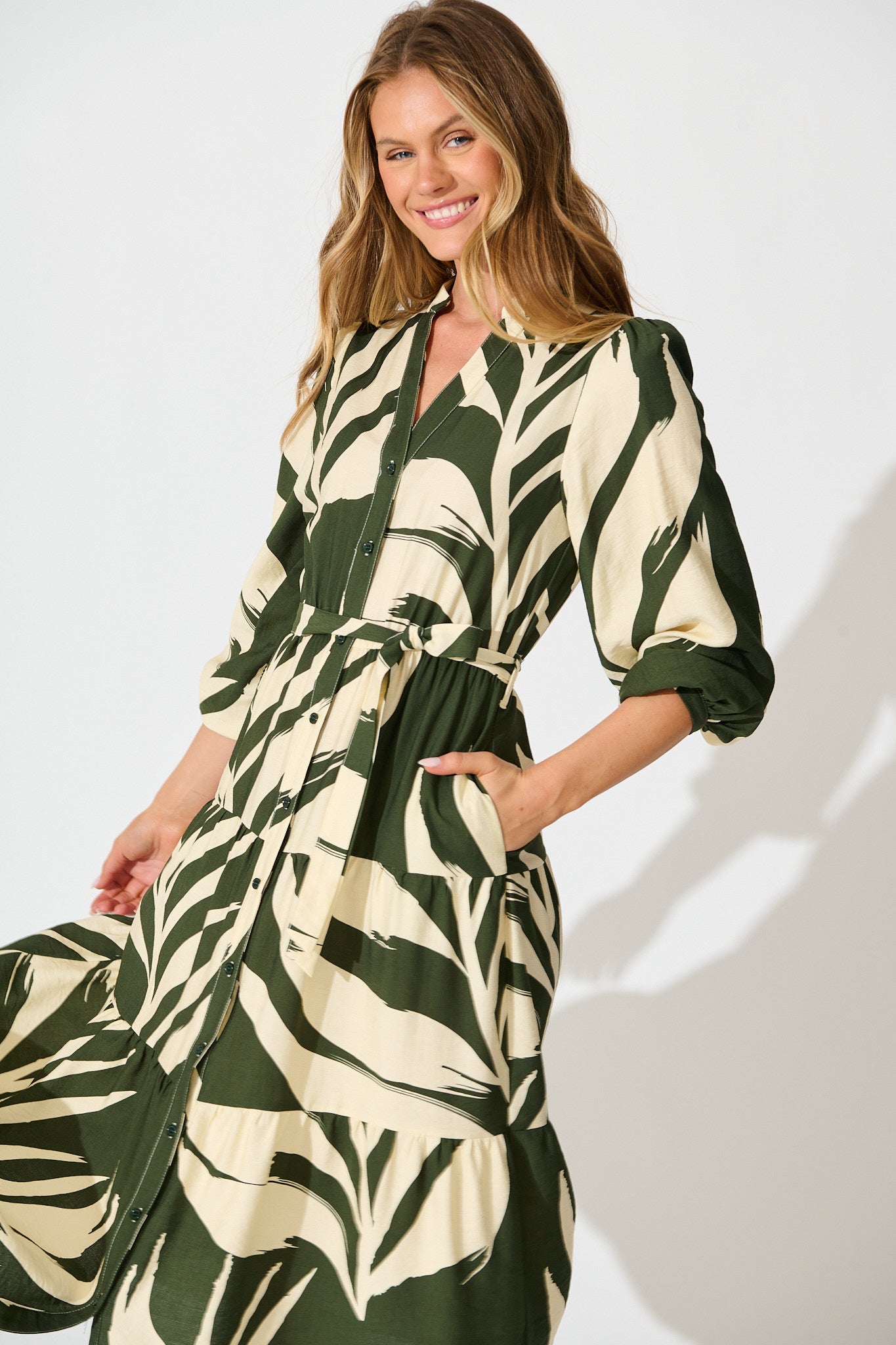 Maribelle Dress in Green with Cream Leaf Print