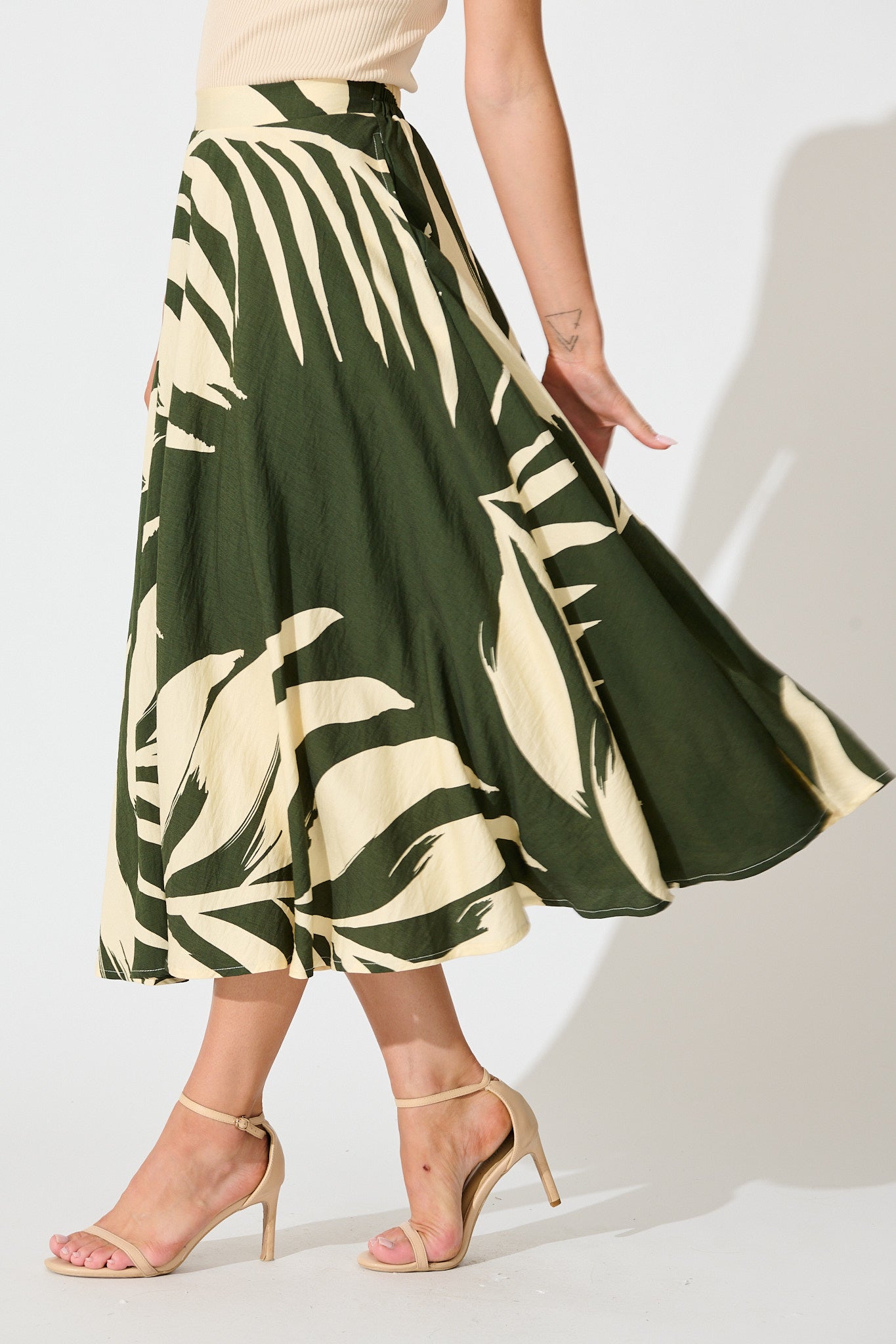 Aria Midi Skirt in Green and Cream Leaf Print
